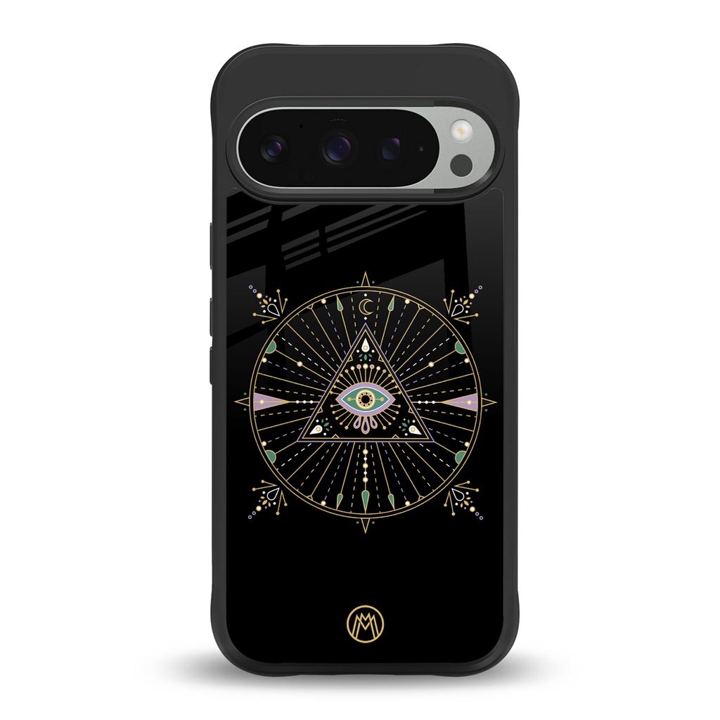 evil eye mandala black back phone cover | glass case for google pixel 9 pro