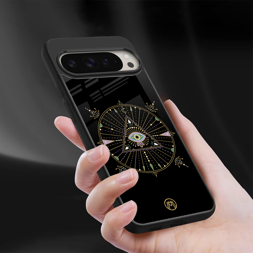 evil eye mandala black back phone cover | glass case for google pixel 9 pro