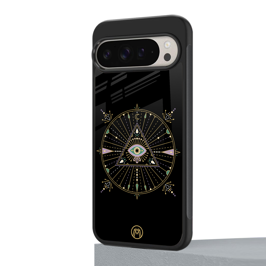 evil eye mandala black back phone cover | glass case for google pixel 9 pro