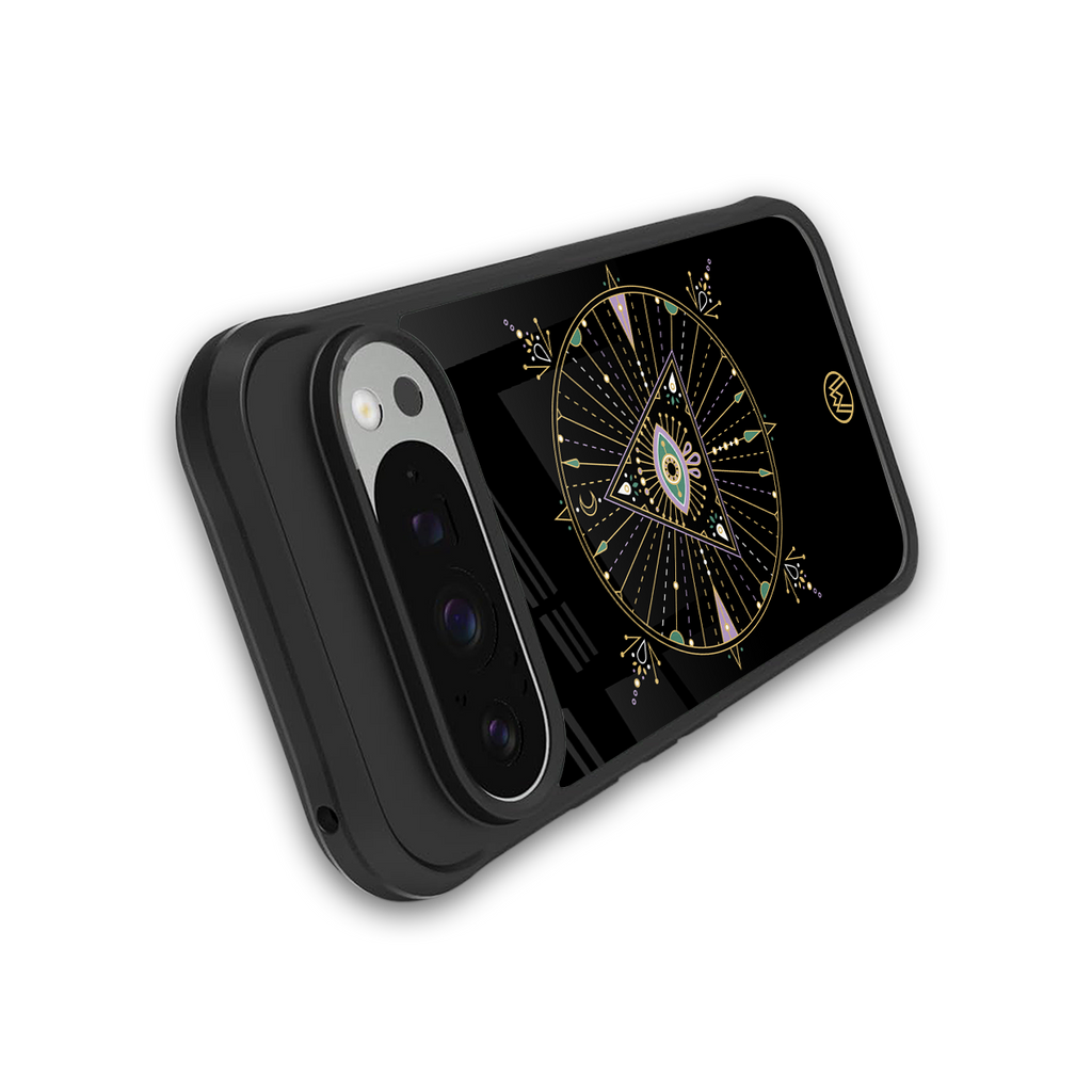 evil eye mandala black back phone cover | glass case for google pixel 9 pro