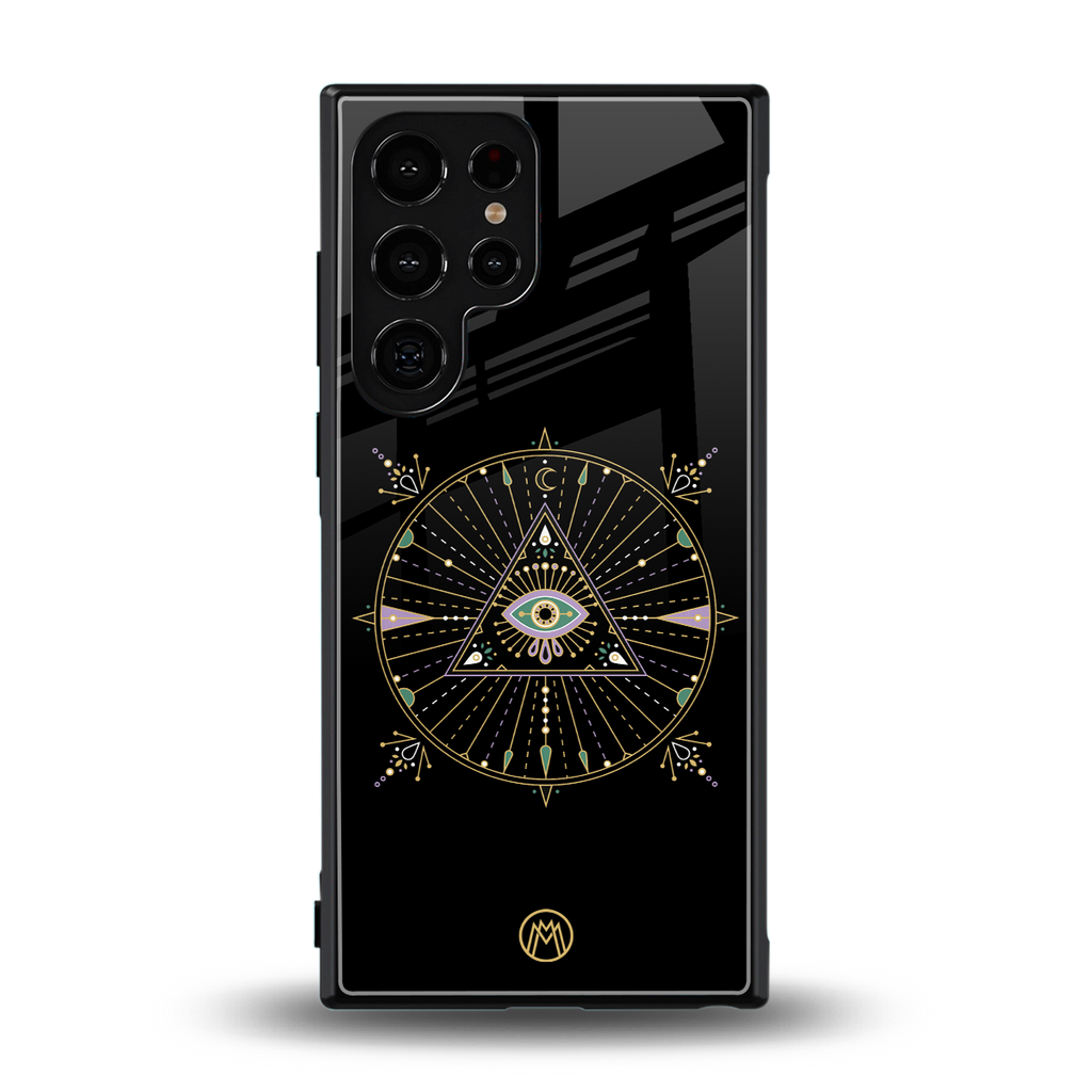 evil eye mandala black back phone cover | glass case for samsung galaxy s23 ultra