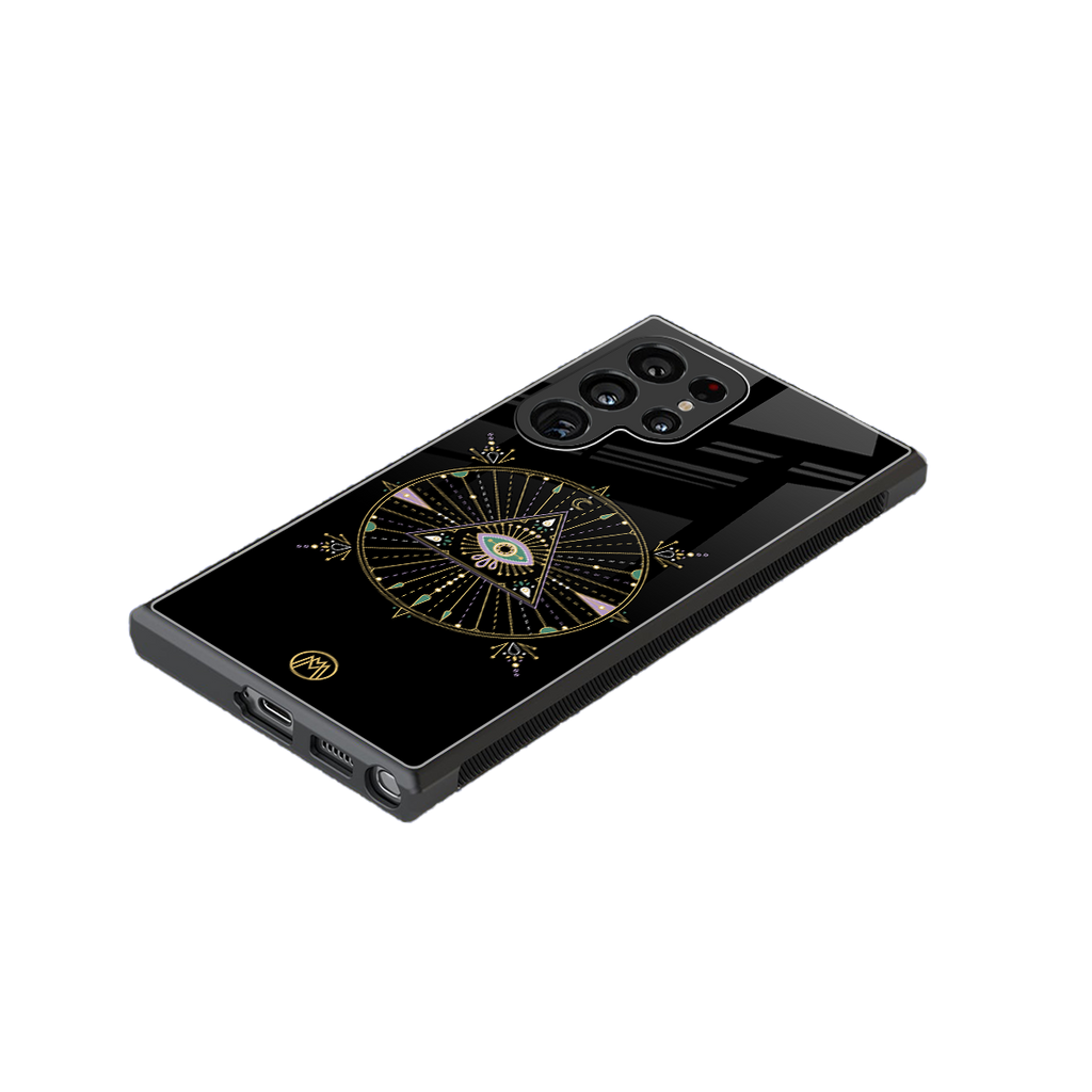 evil eye mandala black back phone cover | glass case for samsung galaxy s23 ultra
