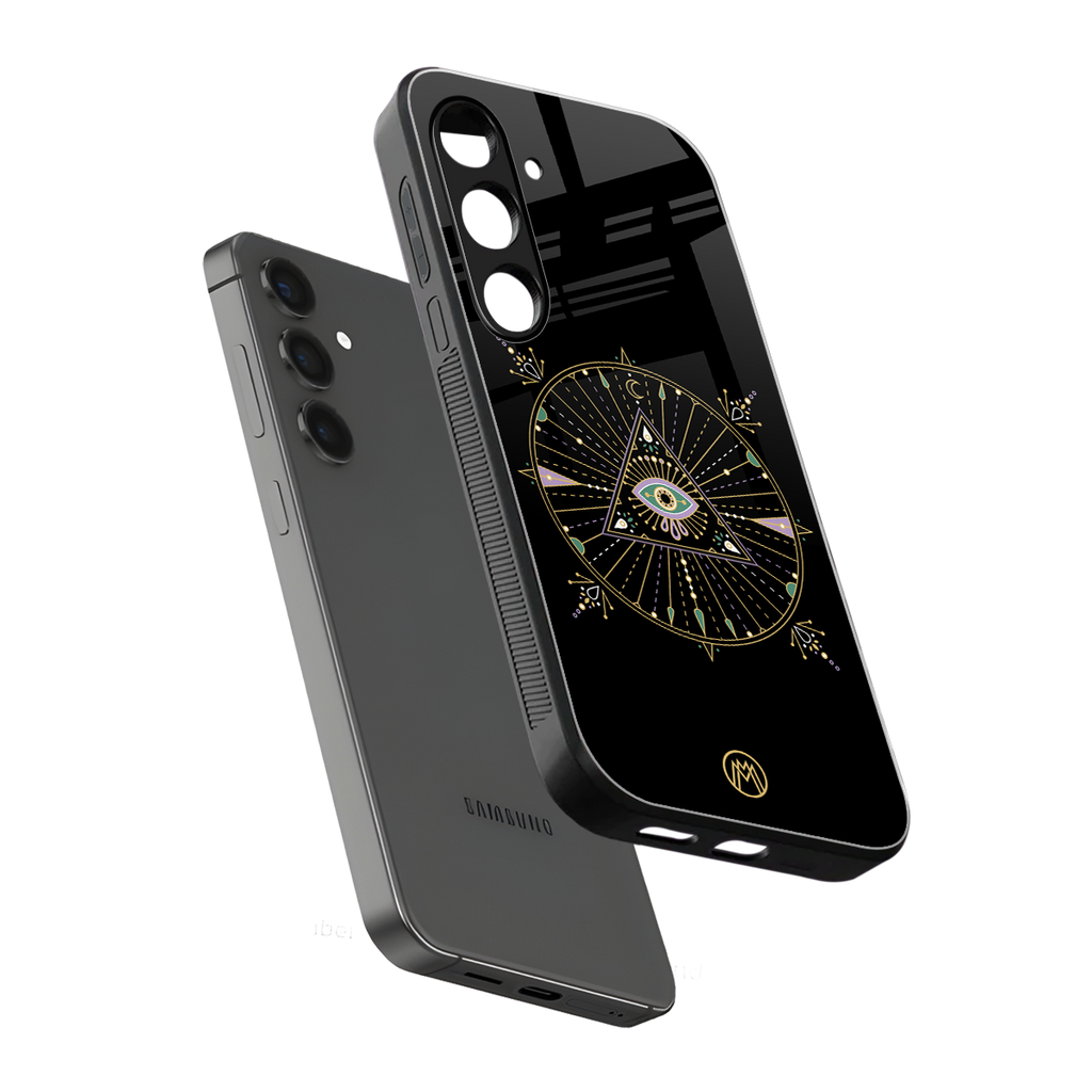 evil eye mandala black back phone cover | glass case for samsung galaxy s25 plus