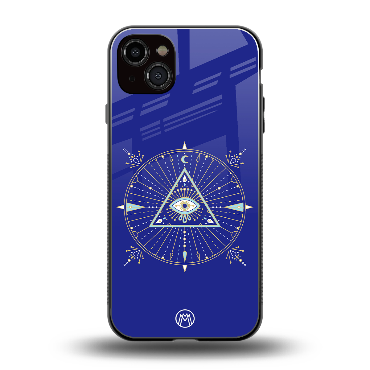 evil eye mandala blue back phone cover | glass case for iphone 15 plus