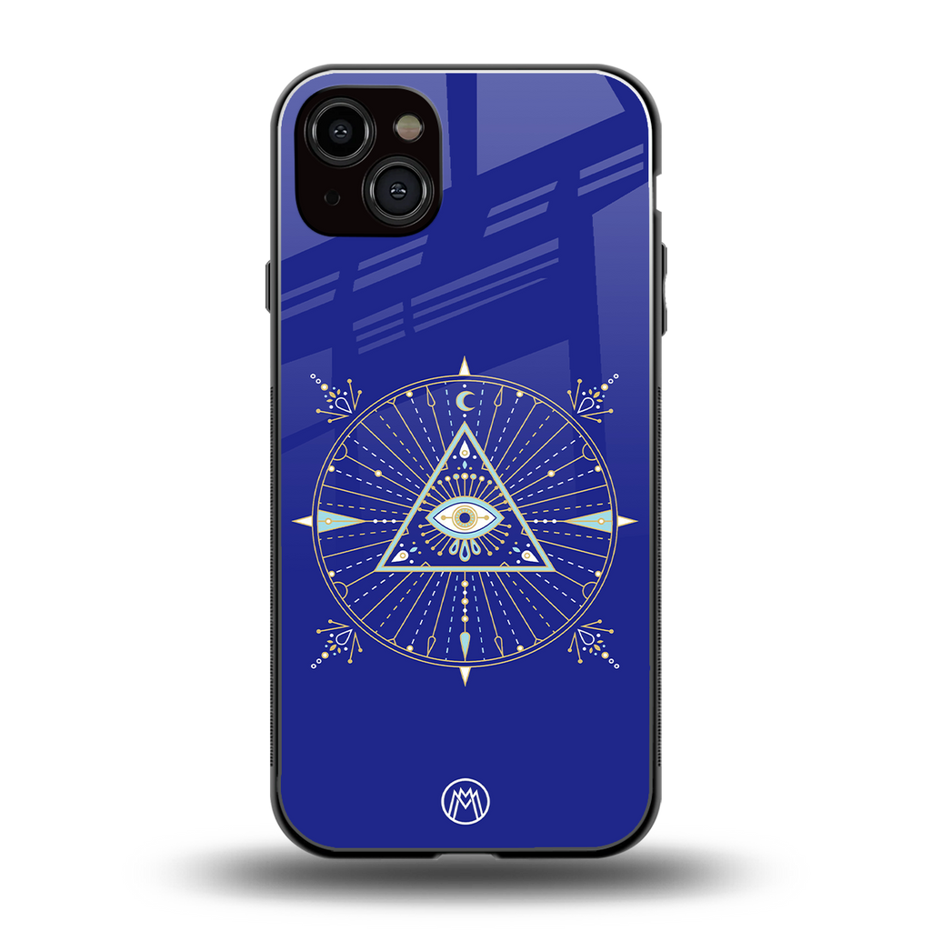 evil eye mandala blue back phone cover | glass case for iphone 14 plus