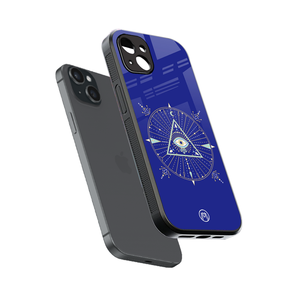 evil eye mandala blue back phone cover | glass case for iphone 15 plus