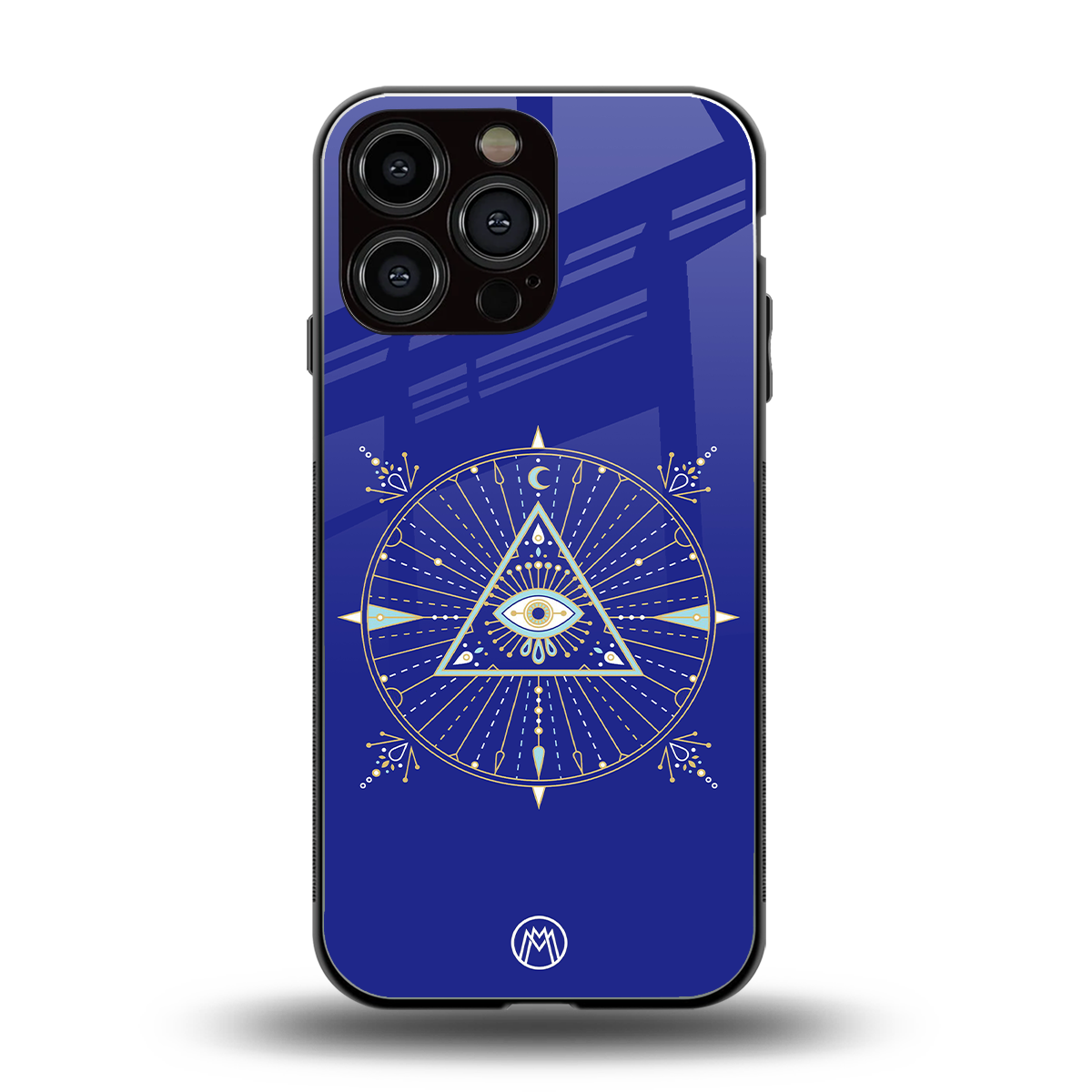 evil eye mandala blue back phone cover | glass case for iphone 15 pro max