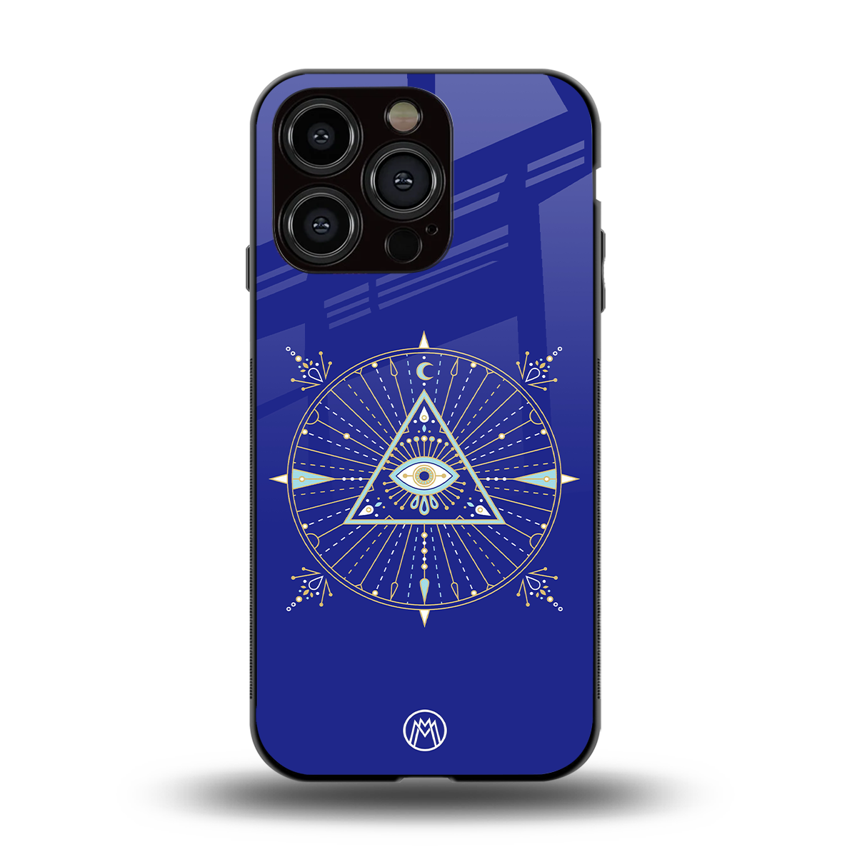 evil eye mandala blue back phone cover | glass case for iphone 15 pro
