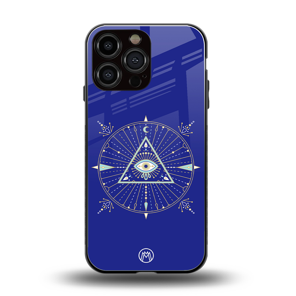 evil eye mandala blue back phone cover | glass case for iphone 16 pro max