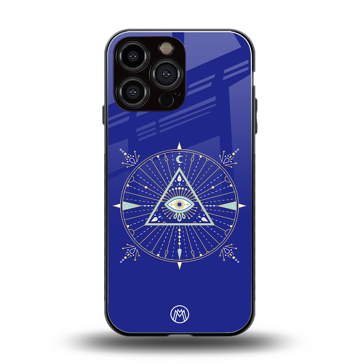 evil eye mandala blue back phone cover | glass case for iphone 16 pro max