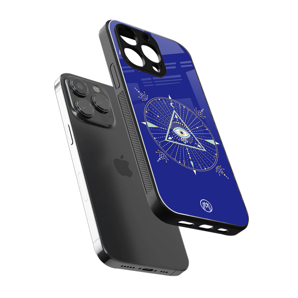 evil eye mandala blue back phone cover | glass case for iphone 16 pro max