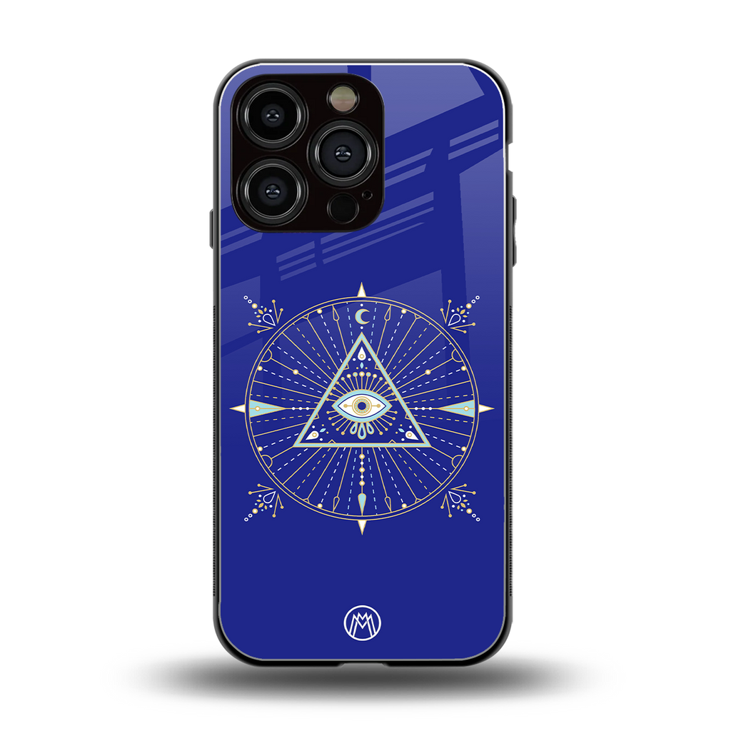 evil eye mandala blue back phone cover | glass case for iphone 16 pro