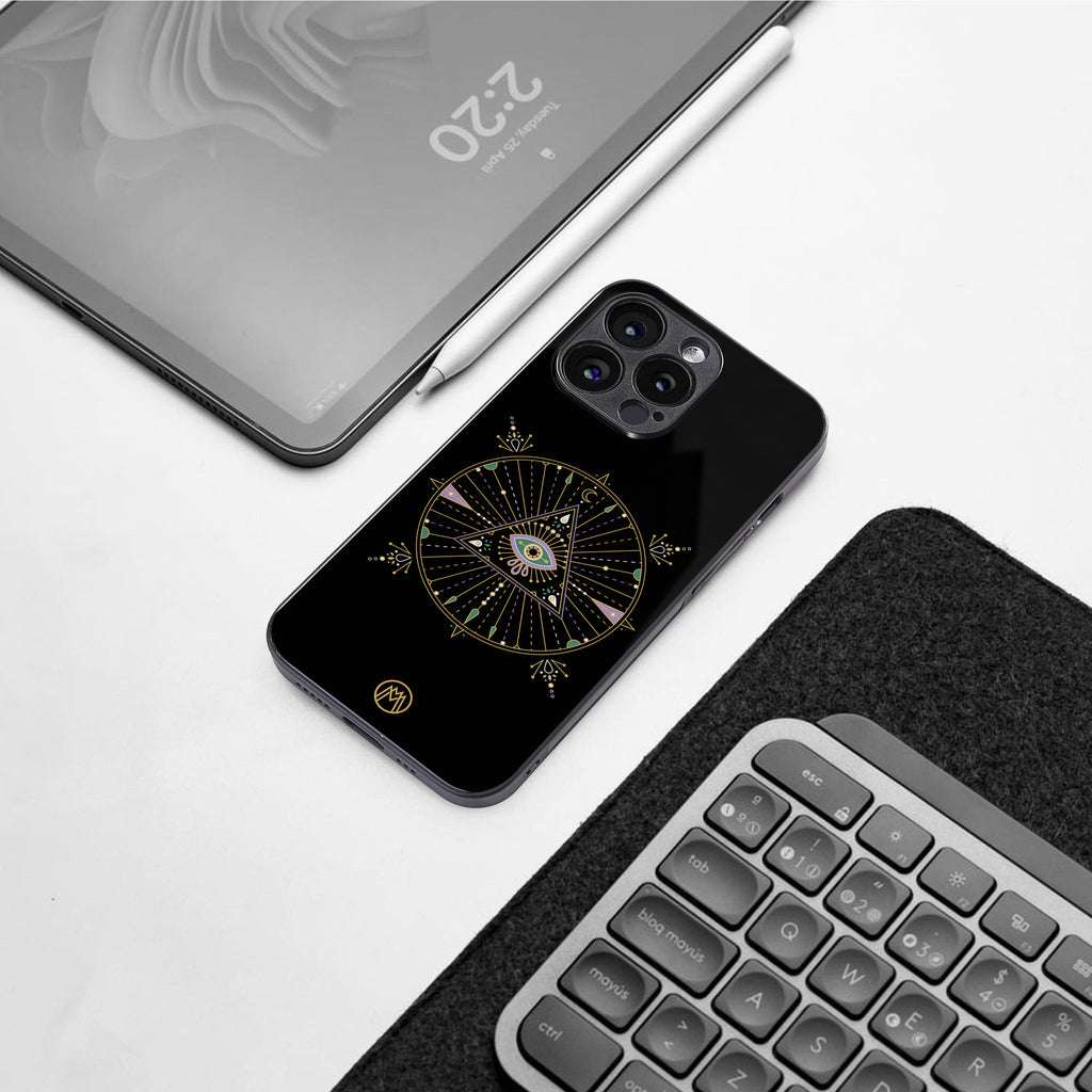 evil eye mandala black back phone cover | glass case for iphone 15