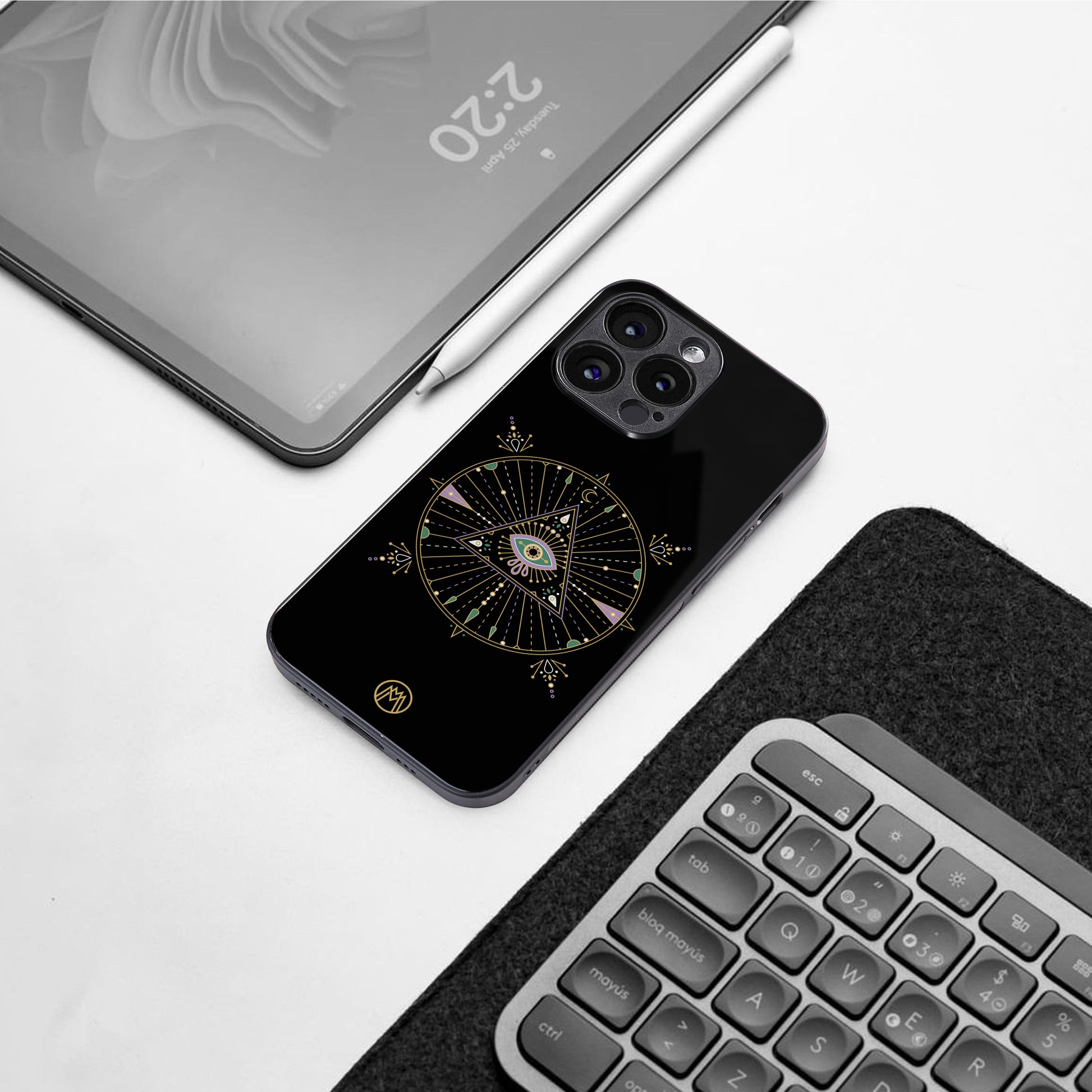 evil eye mandala black back phone cover | glass case for iphone 15 pro