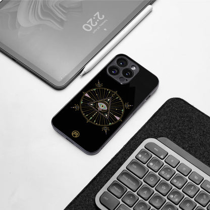 evil eye mandala black back phone cover | glass case for iphone 15 pro