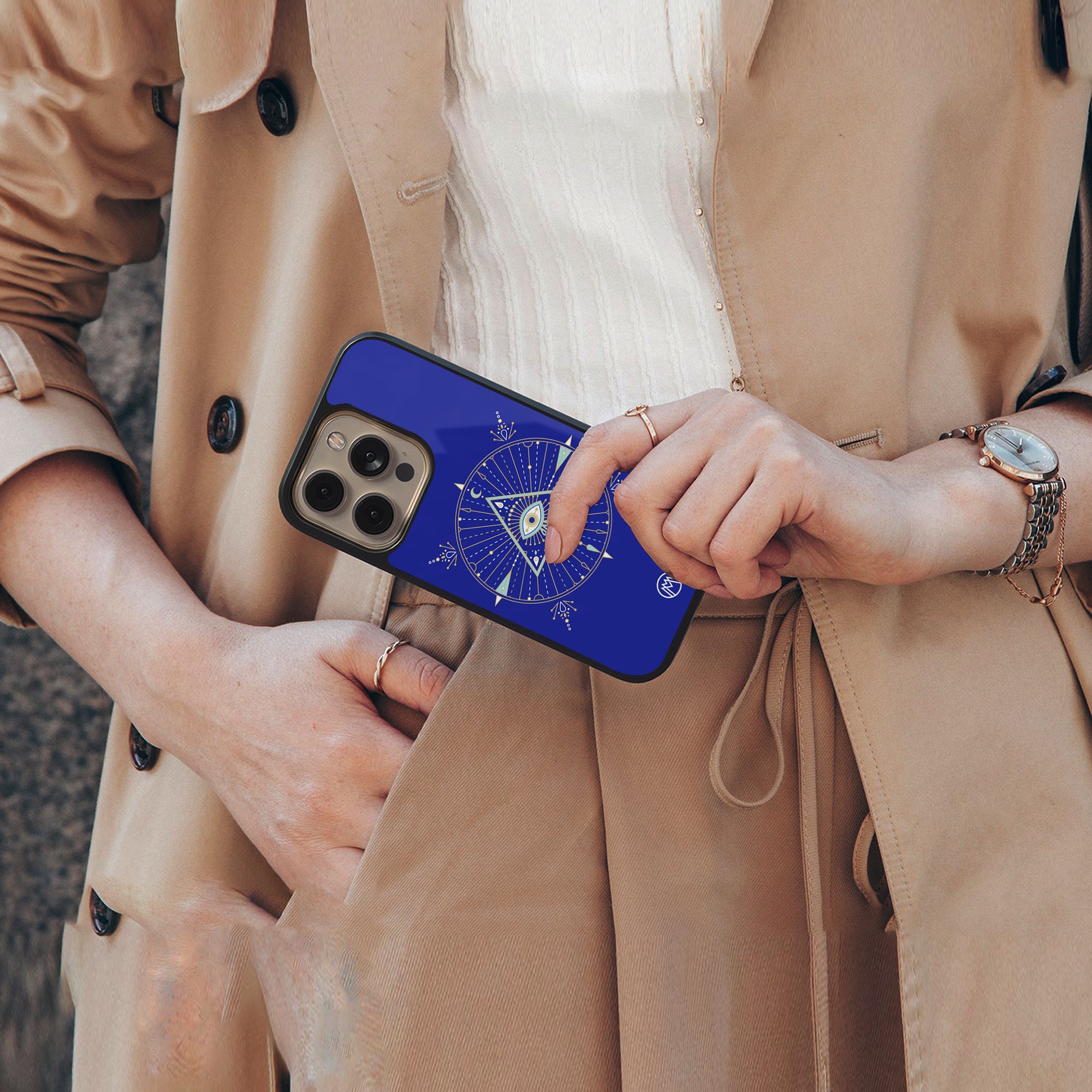 evil eye mandala blue back phone cover | glass case for iphone 16 plus