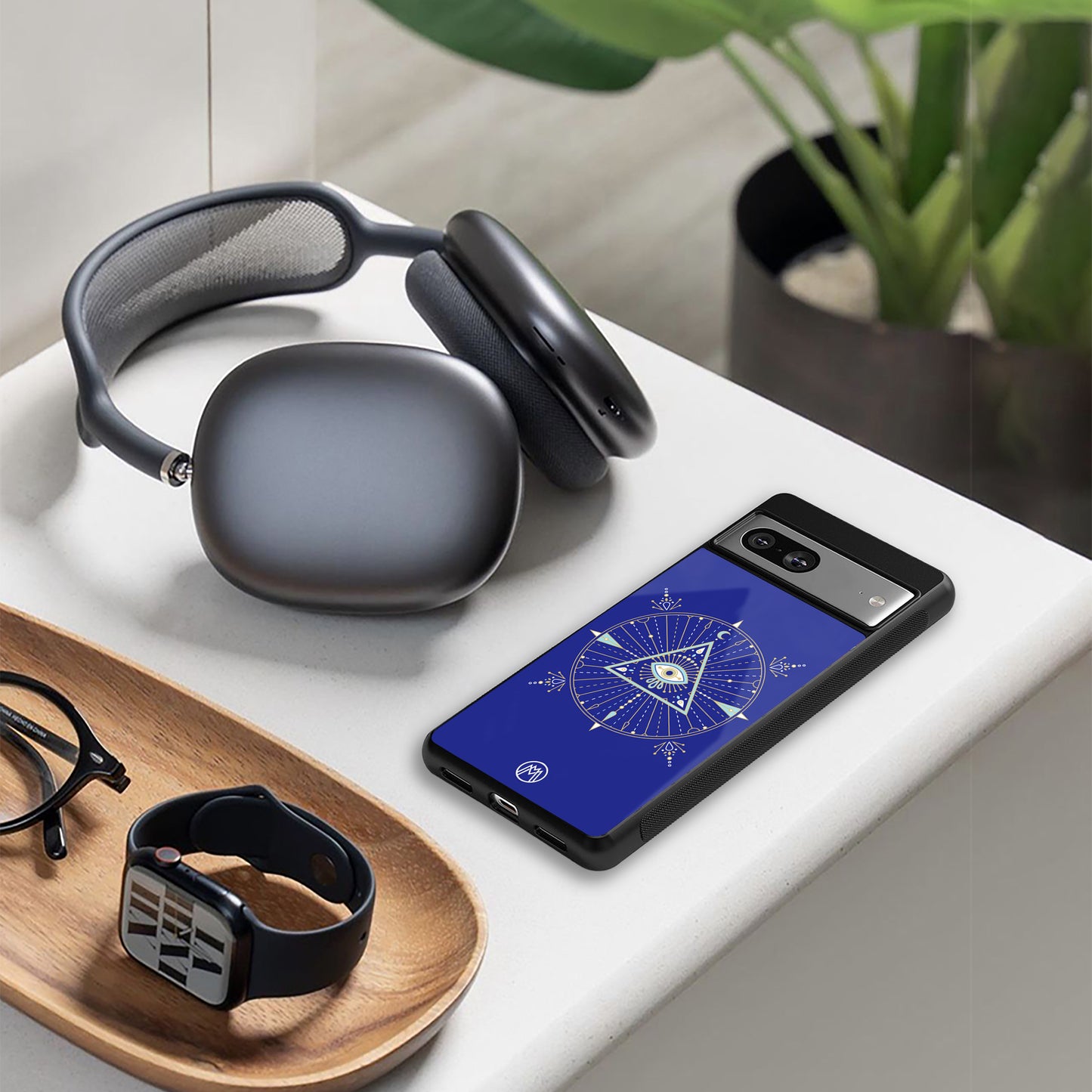 evil eye mandala blue back phone cover | glass case for iphone 15 pro