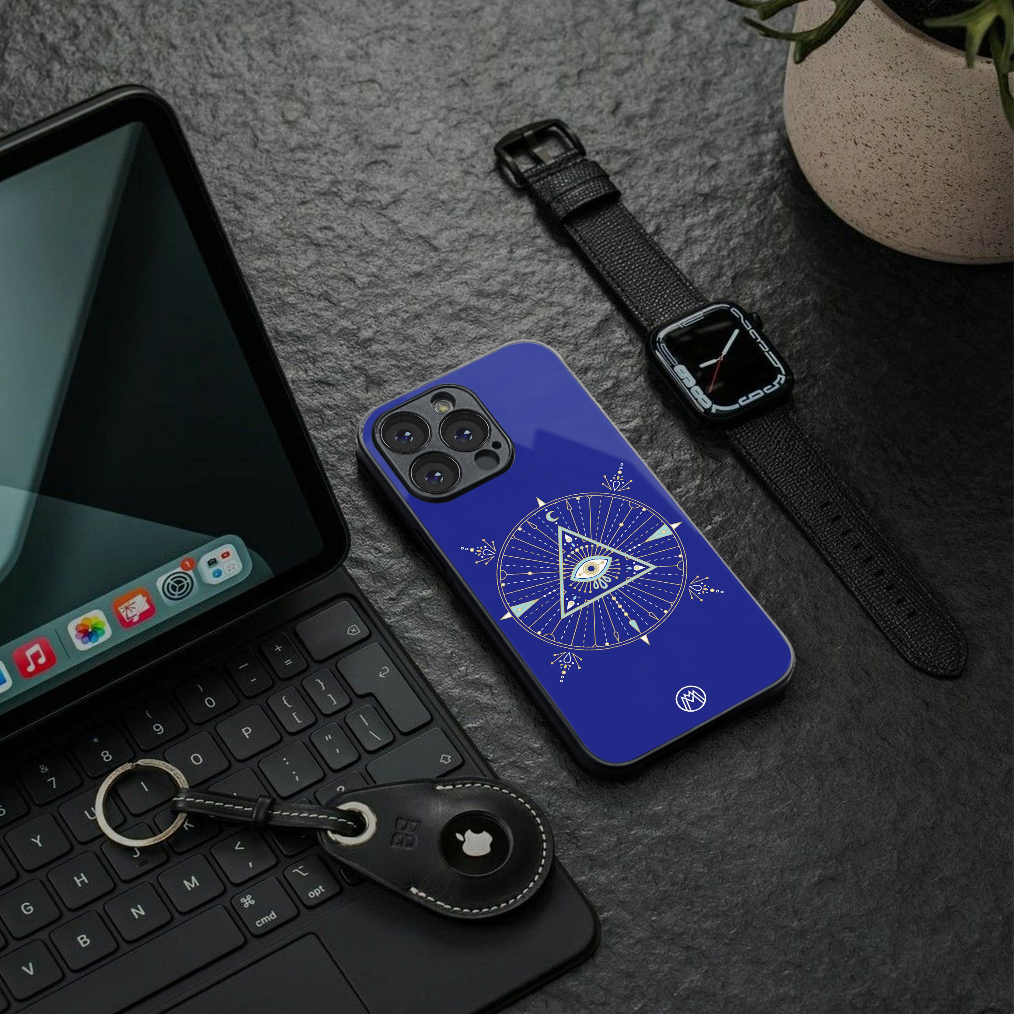 evil eye mandala blue back phone cover | glass case for iphone 15 plus