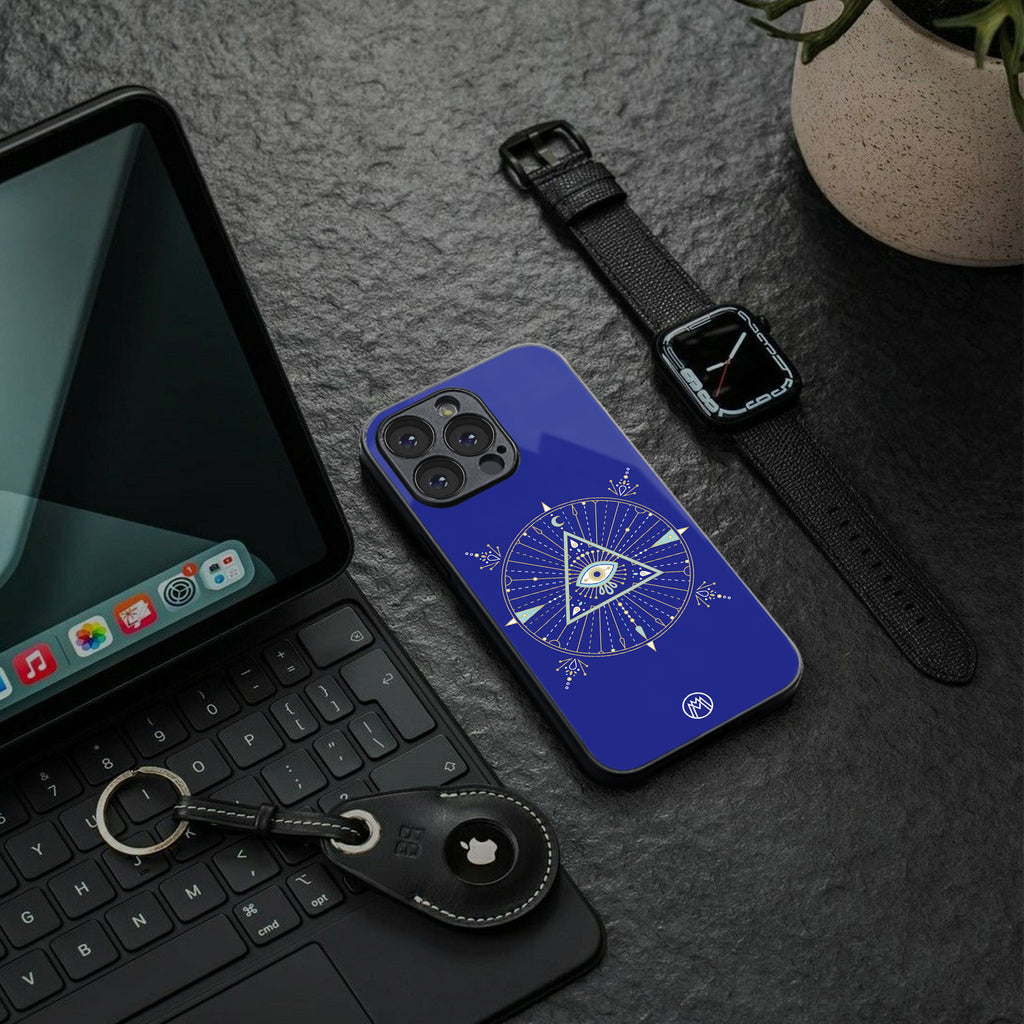 evil eye mandala blue back phone cover | glass case for iphone 16 plus
