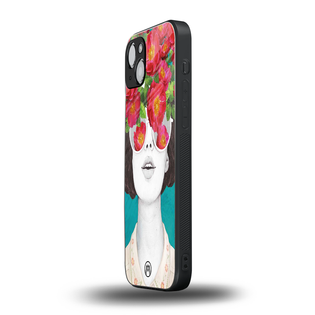 flowery eyes back phone cover | glass case for iphone 15 plus