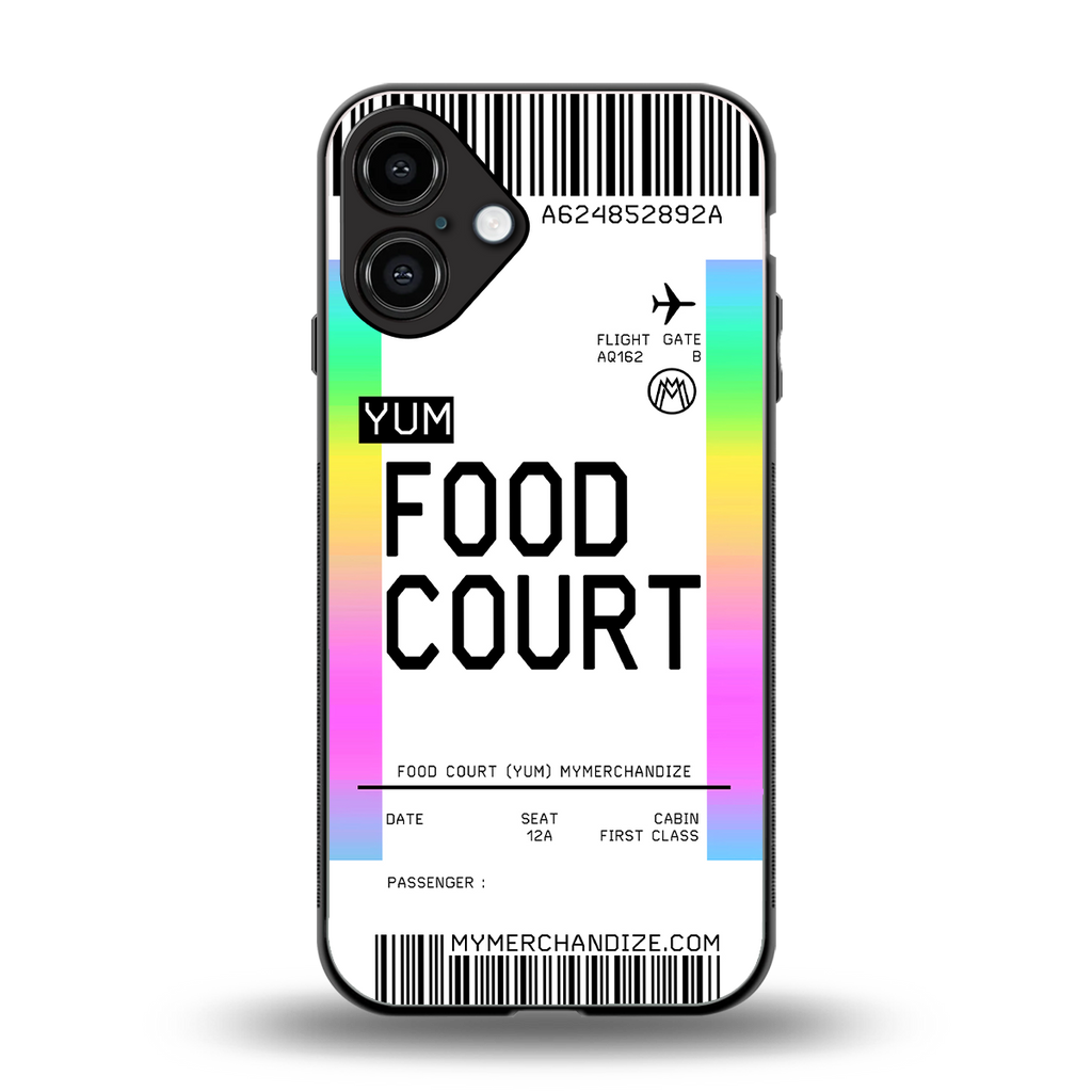 food court boarding pass ticket back phone cover | glass case for iphone 16 plus