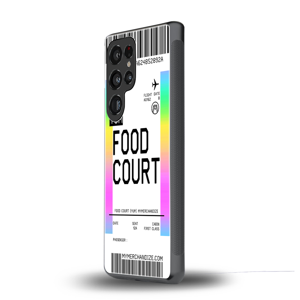 food court boarding pass ticket back phone cover | glass case for samsung galaxy s25 ultra