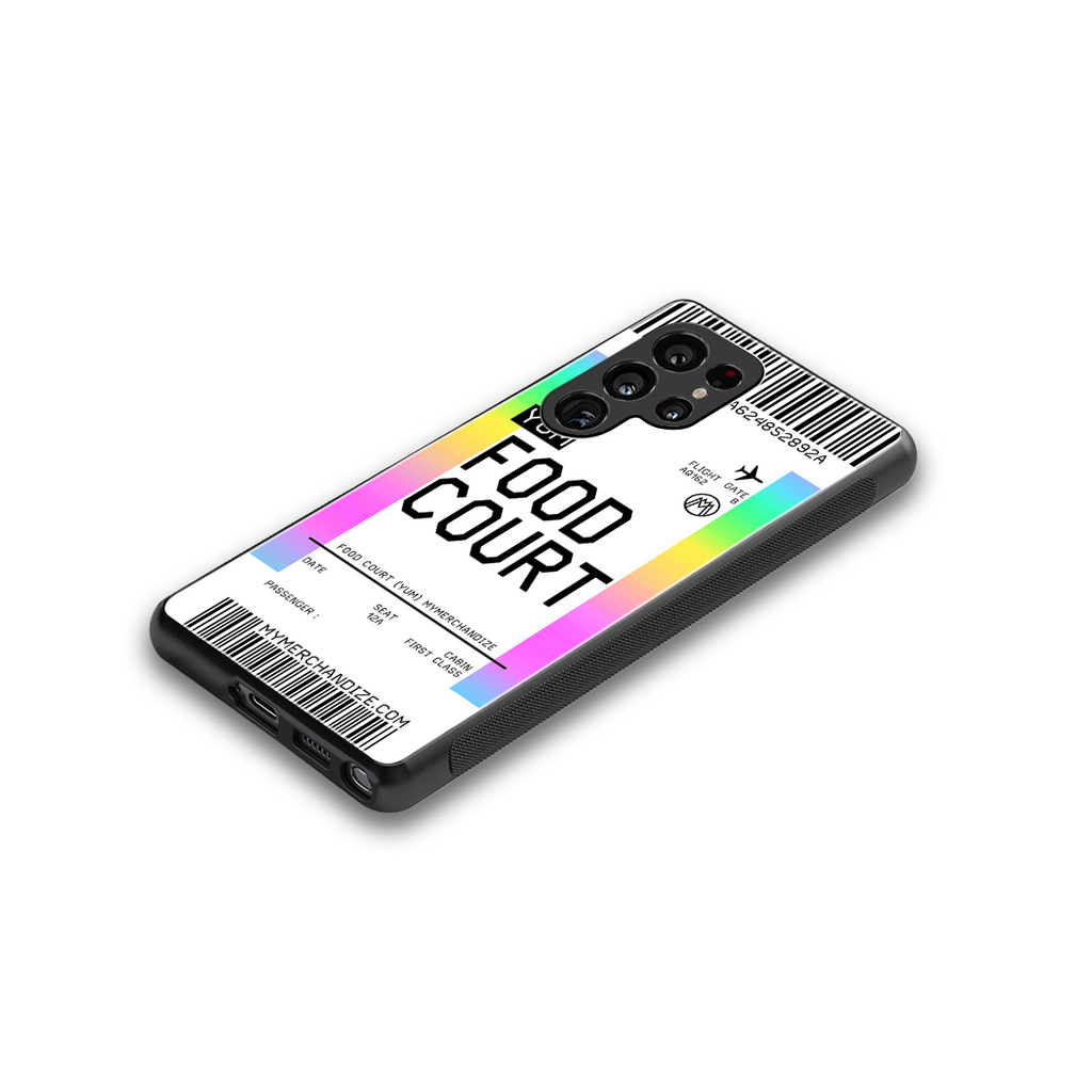 food court boarding pass ticket back phone cover | glass case for samsung galaxy s25 ultra