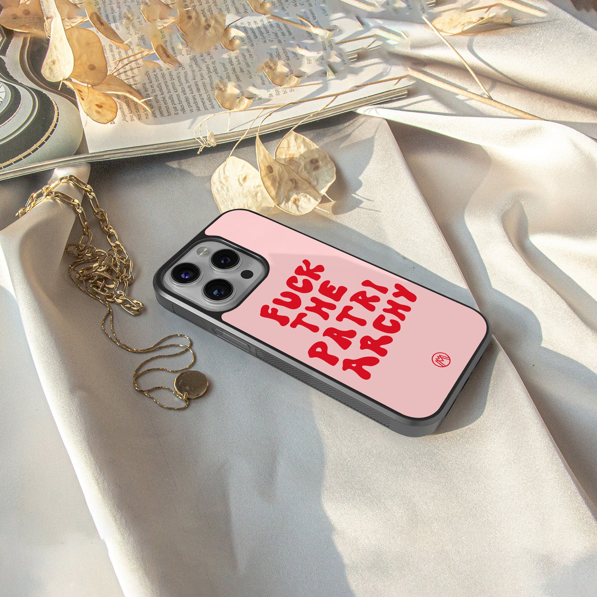 fuck the patriarchy back phone cover | glass case for iphone 16 plus