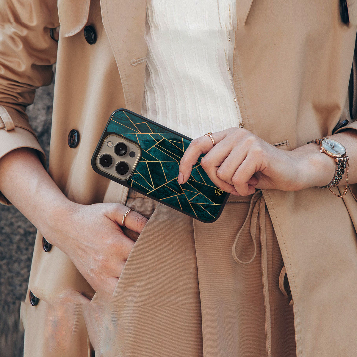 geometric green back phone cover | glass case for iphone 16 pro