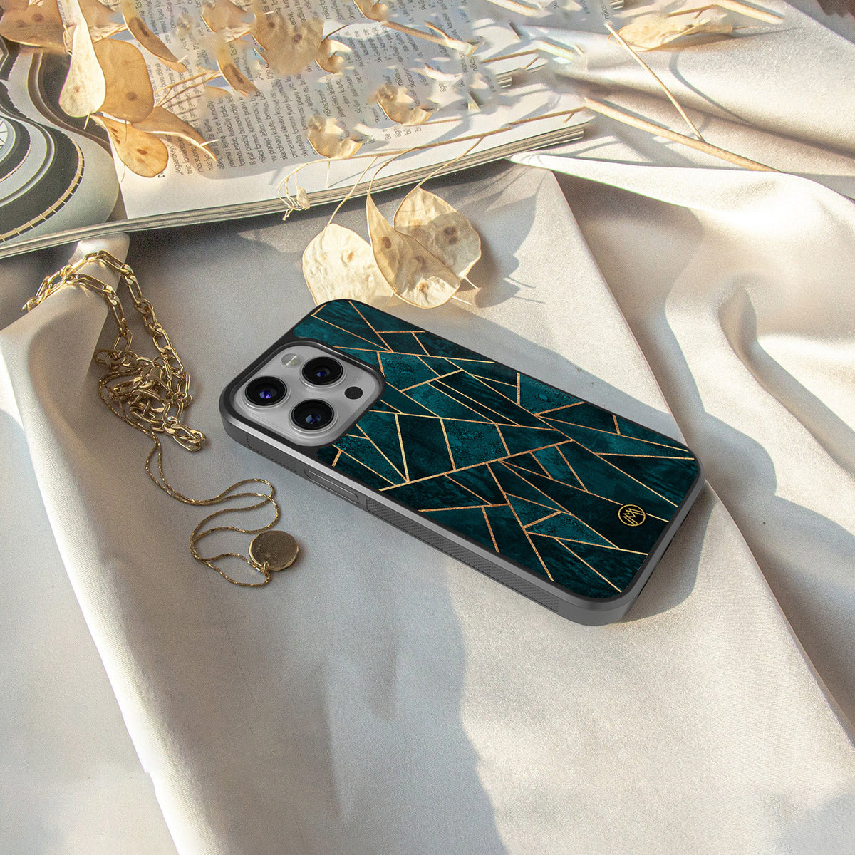 geometric green back phone cover | glass case for iphone 16 pro
