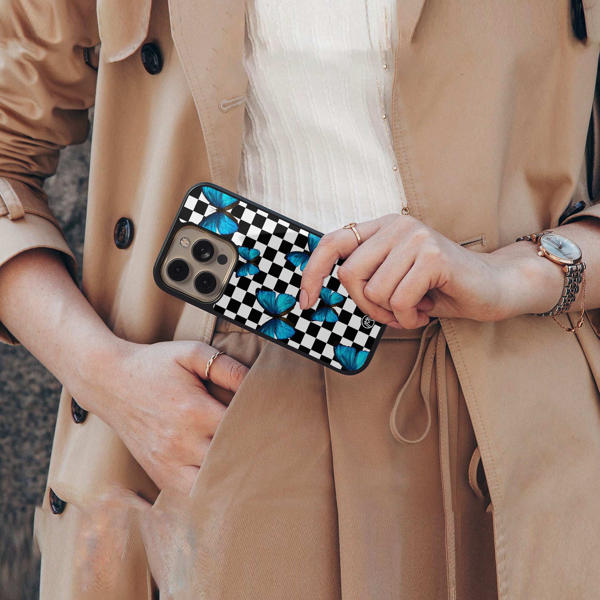 gimme butterflies back phone cover | glass case for iphone 16 pro max