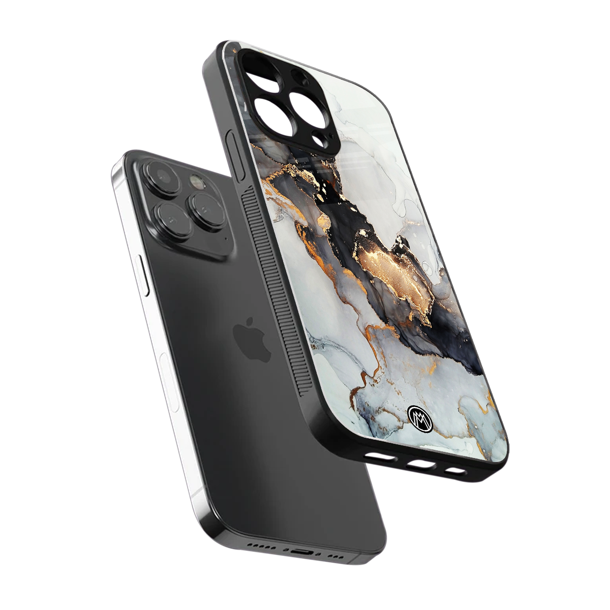 gold black silver liquid marble back phone cover | glass case for iphone 15 pro