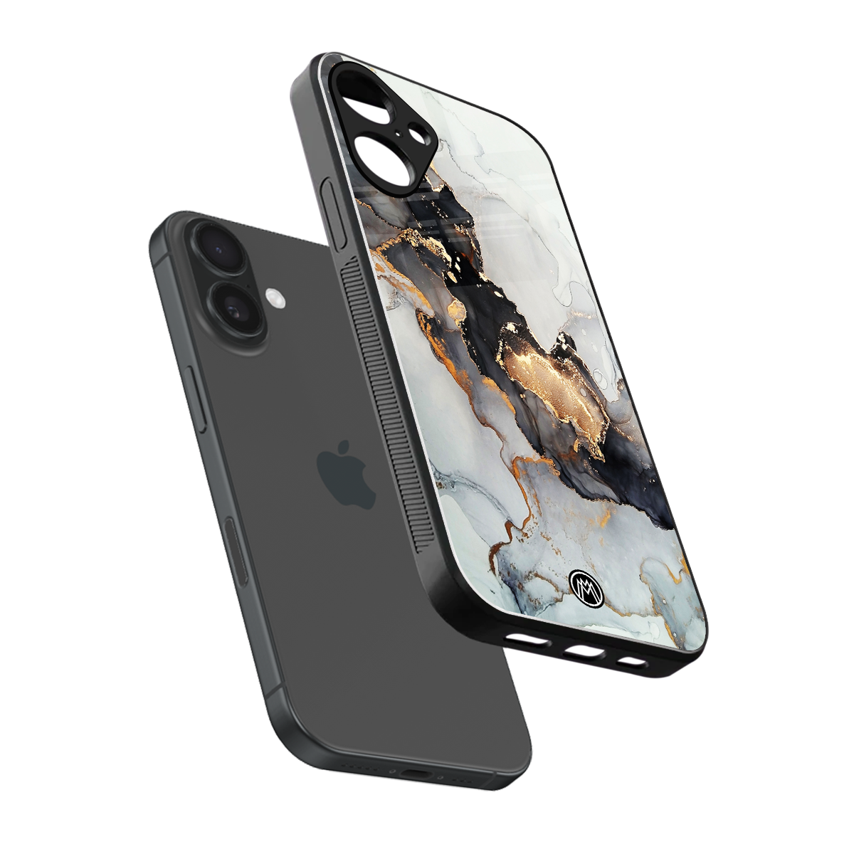 gold black silver liquid marble back phone cover | glass case for iphone 16 plus