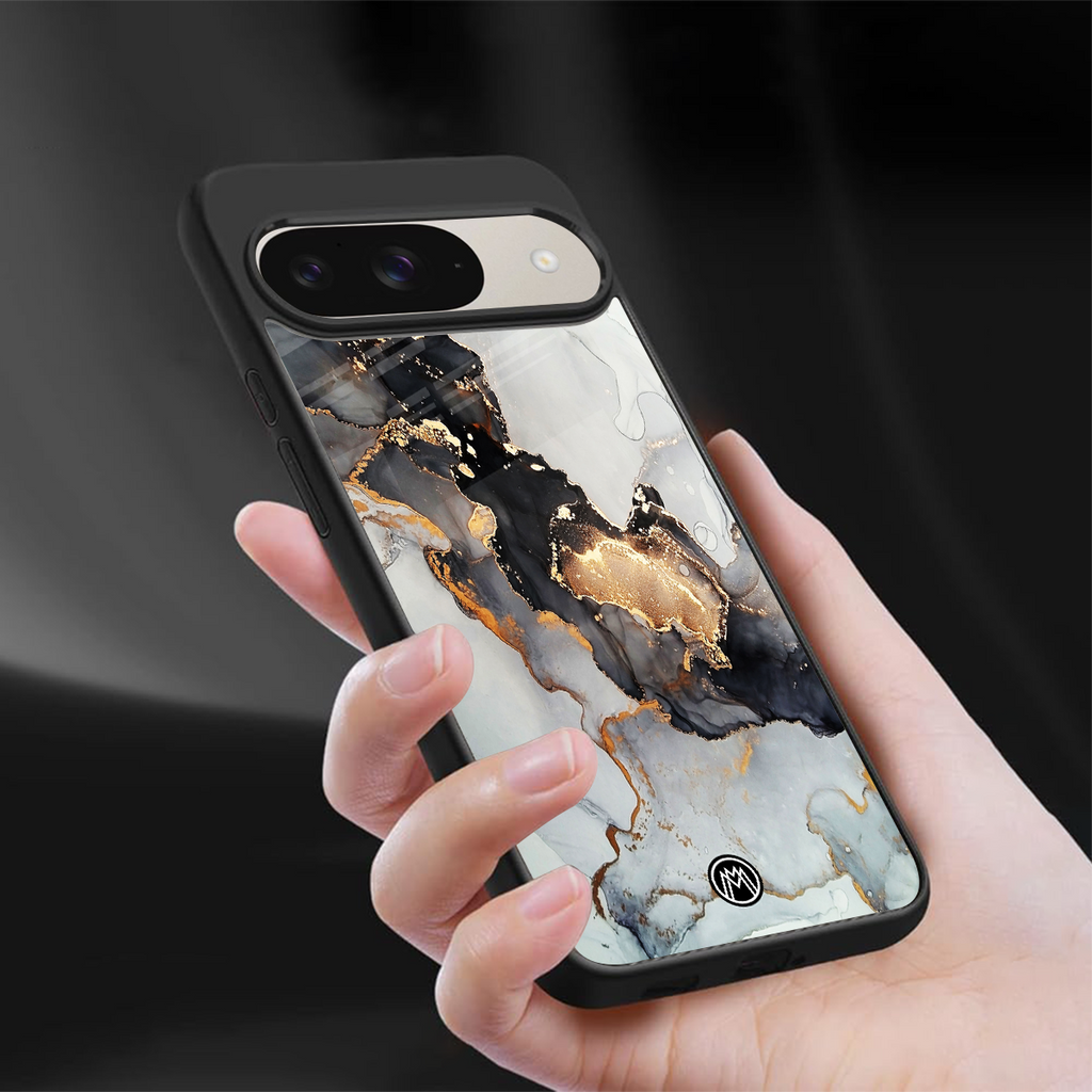 gold black silver liquid marble back phone cover | glass case for google pixel 9