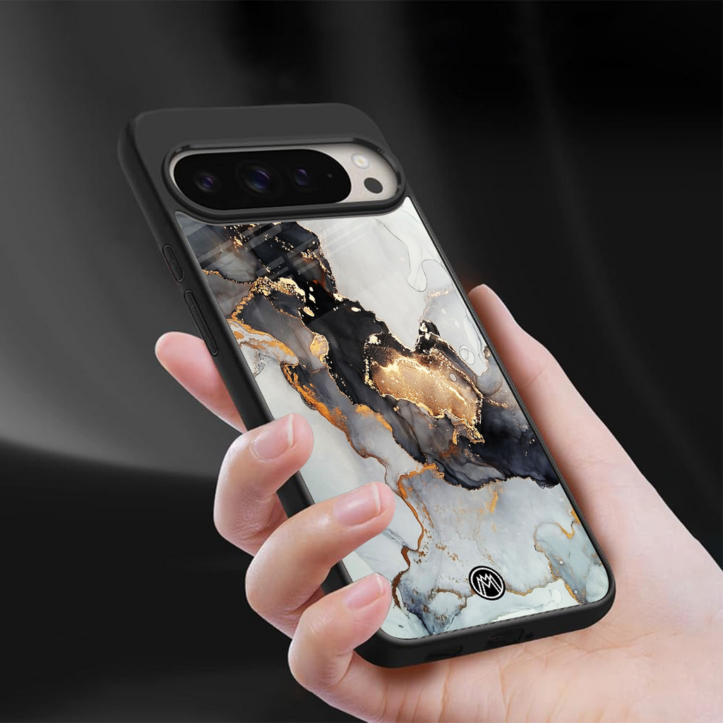 gold black silver liquid marble back phone cover | glass case for google pixel 9 pro xl
