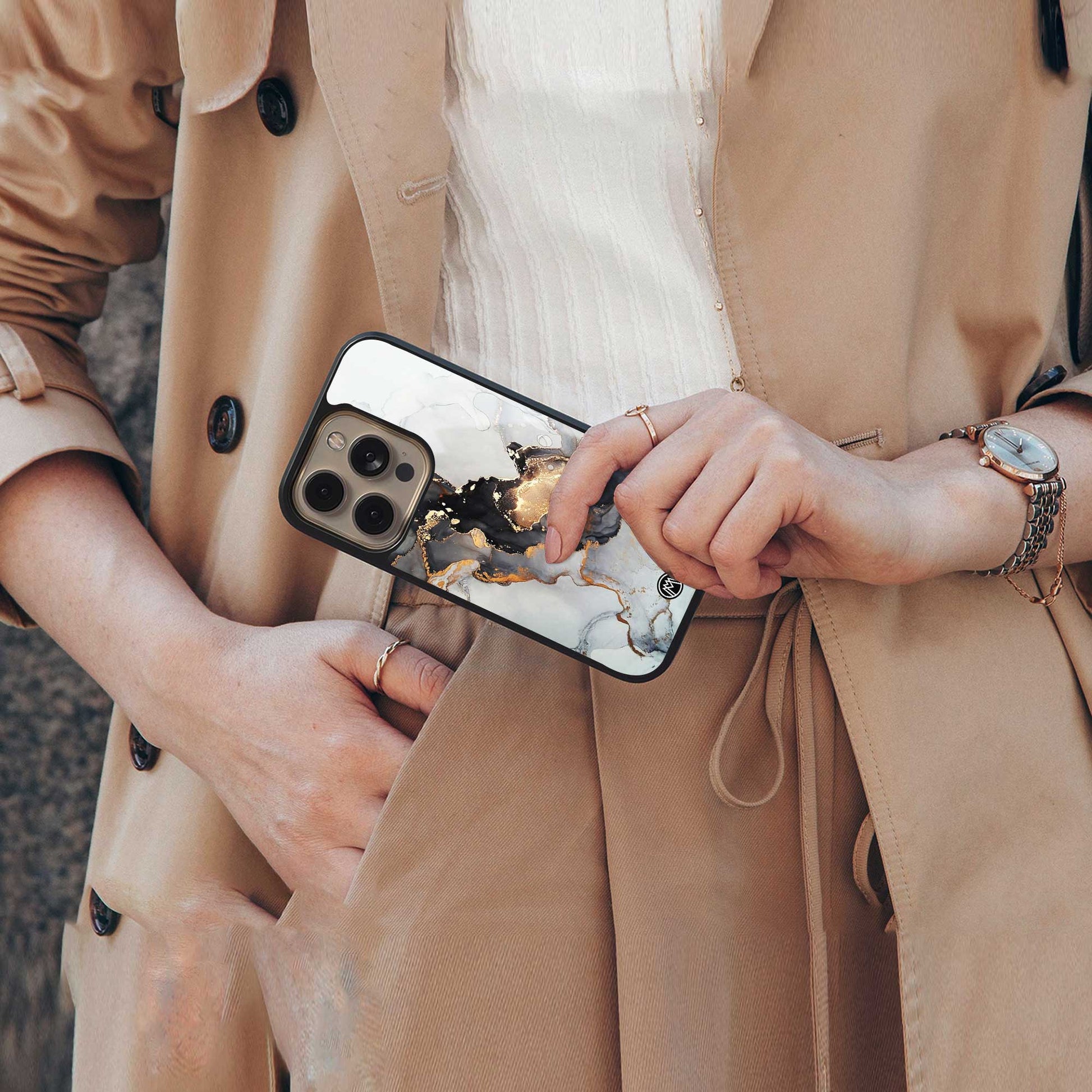 gold black silver liquid marble back phone cover | glass case for samsung galaxy s23 plus