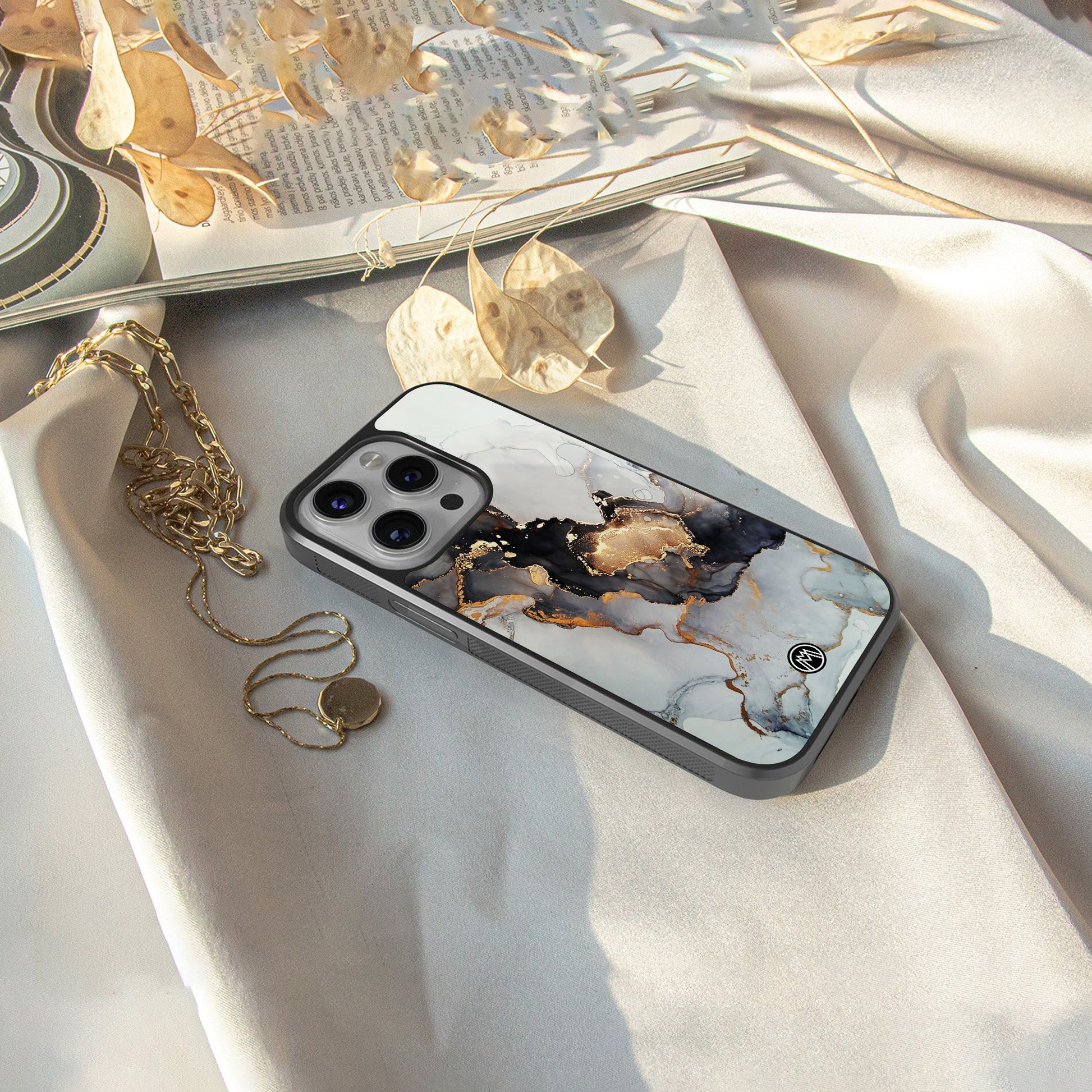 gold black silver liquid marble back phone cover | glass case for iphone 16 pro max