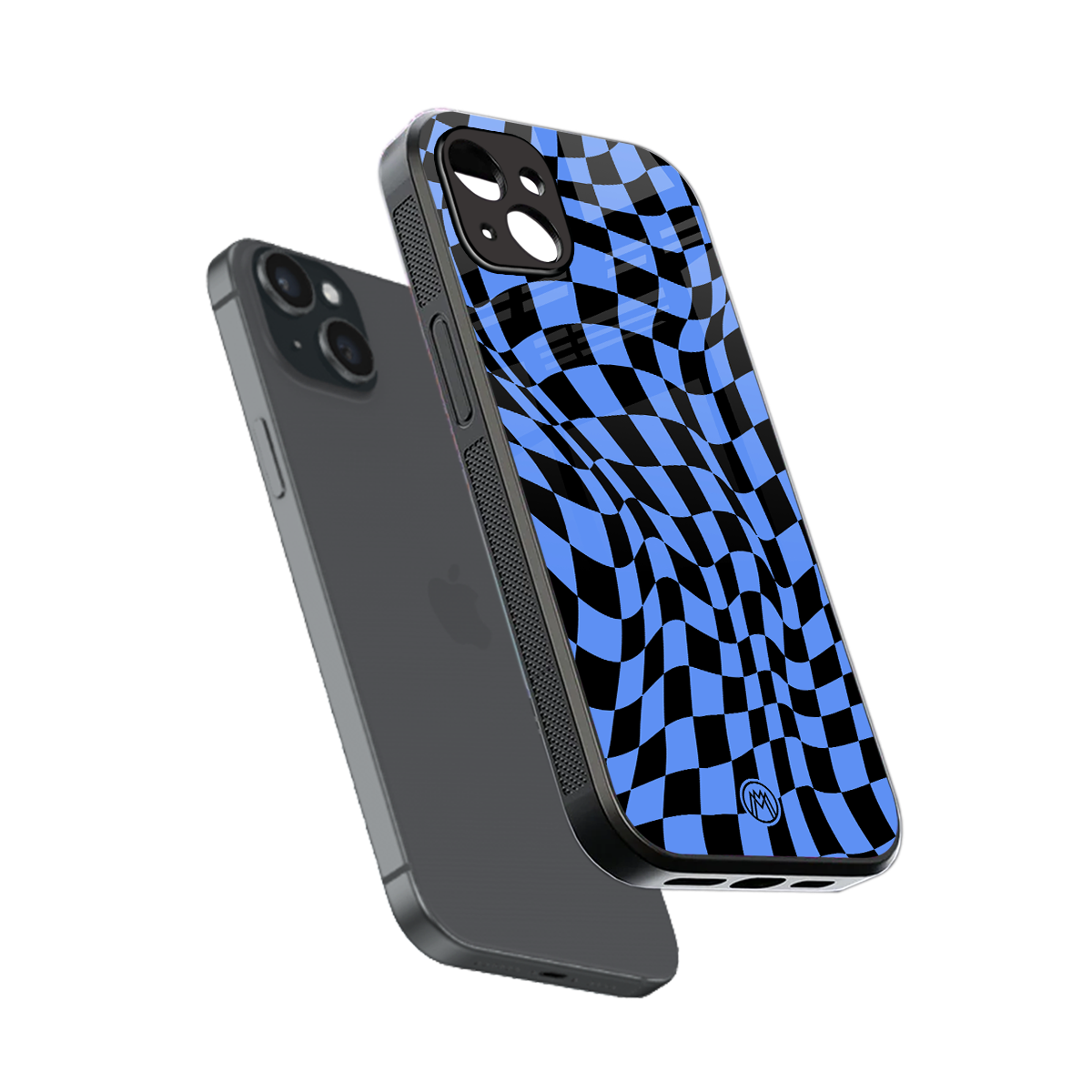 groovy blue black pattern back phone cover | glass case for iphone 15 plus