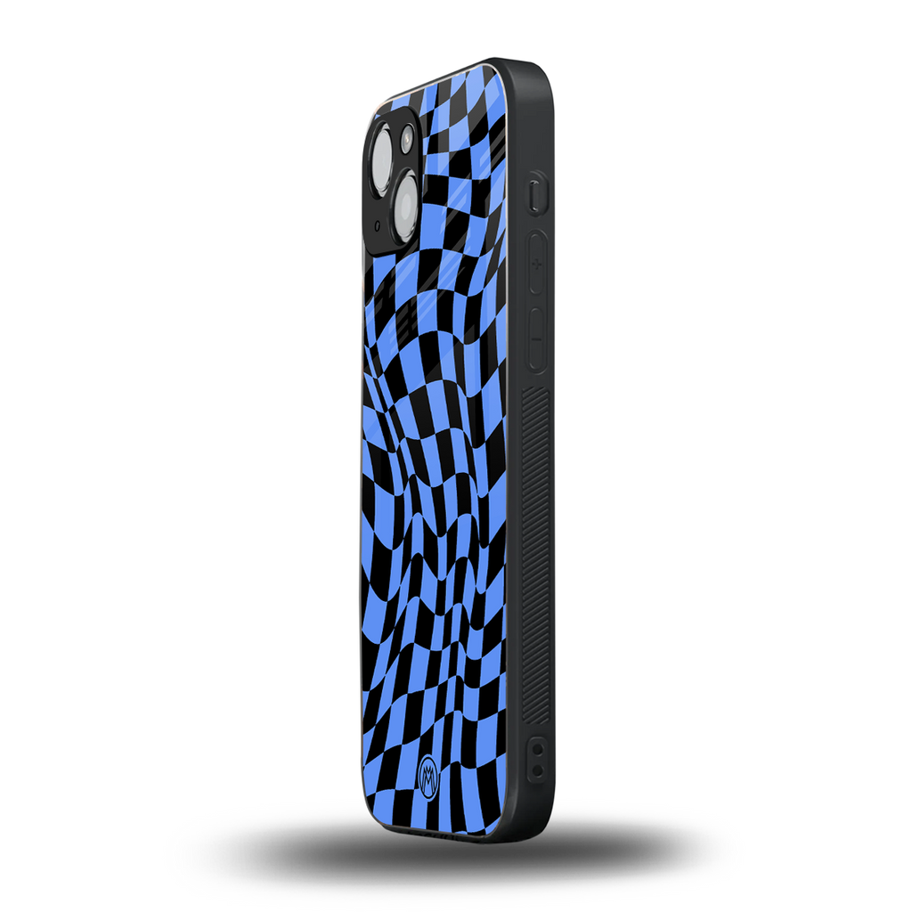 groovy blue black pattern back phone cover | glass case for iphone 14 plus