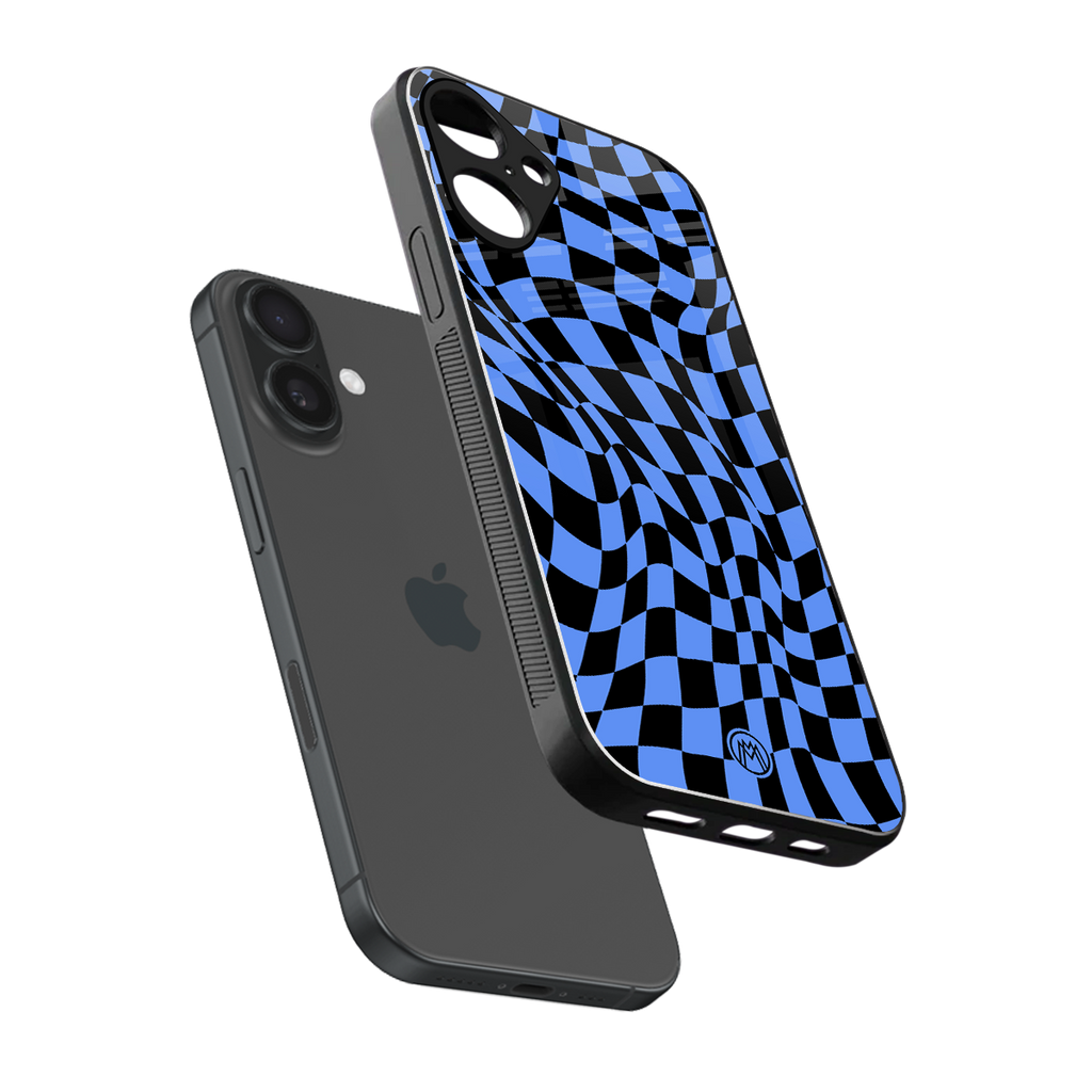 groovy blue black pattern back phone cover | glass case for iphone 16 plus