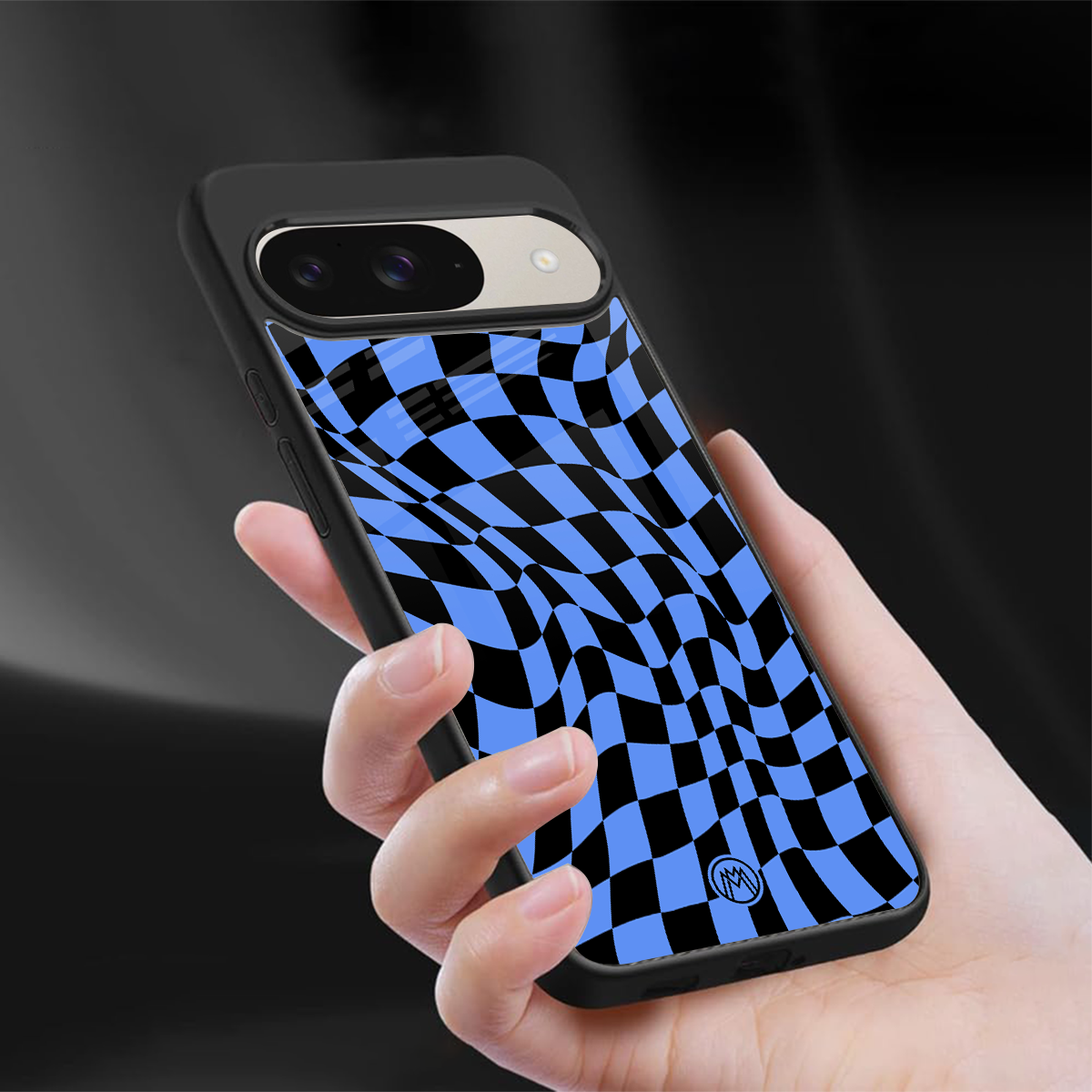 groovy blue black pattern back phone cover | glass case for google pixel 9