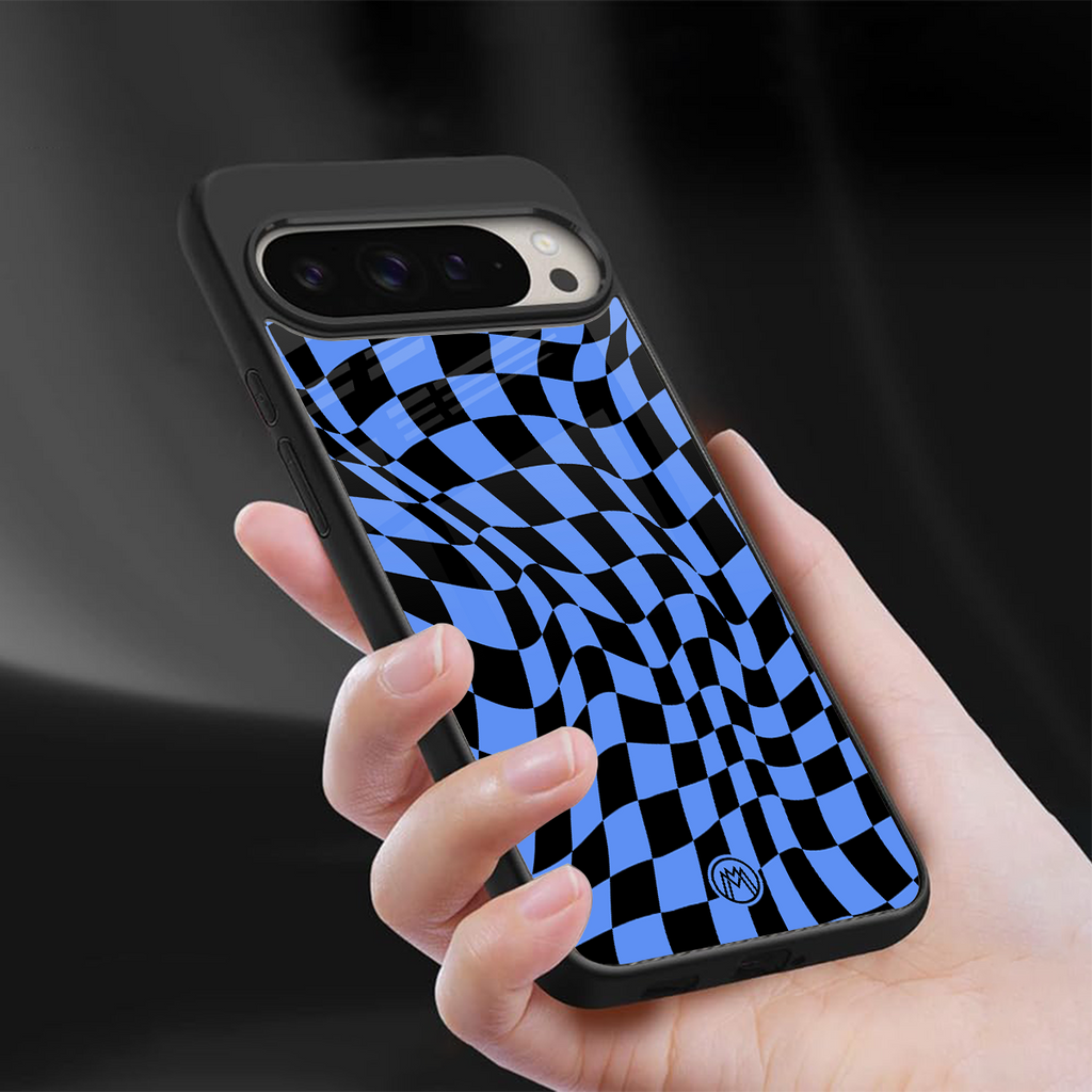 groovy blue black pattern back phone cover | glass case for google pixel 9 pro