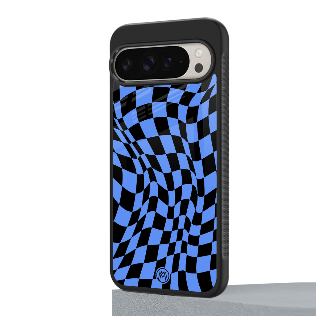 groovy blue black pattern back phone cover | glass case for google pixel 9 pro
