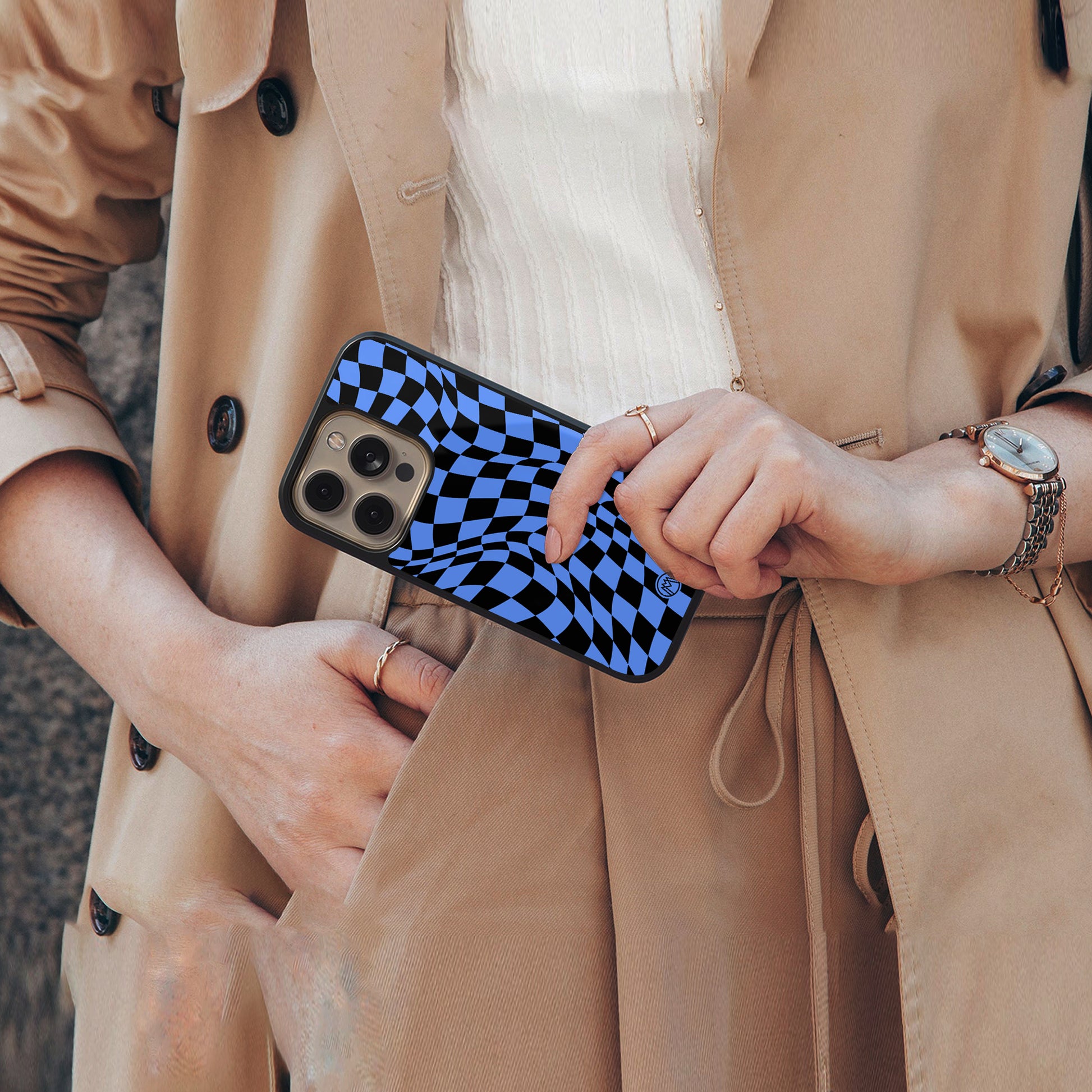 groovy blue black pattern back phone cover | glass case for iphone 16 pro