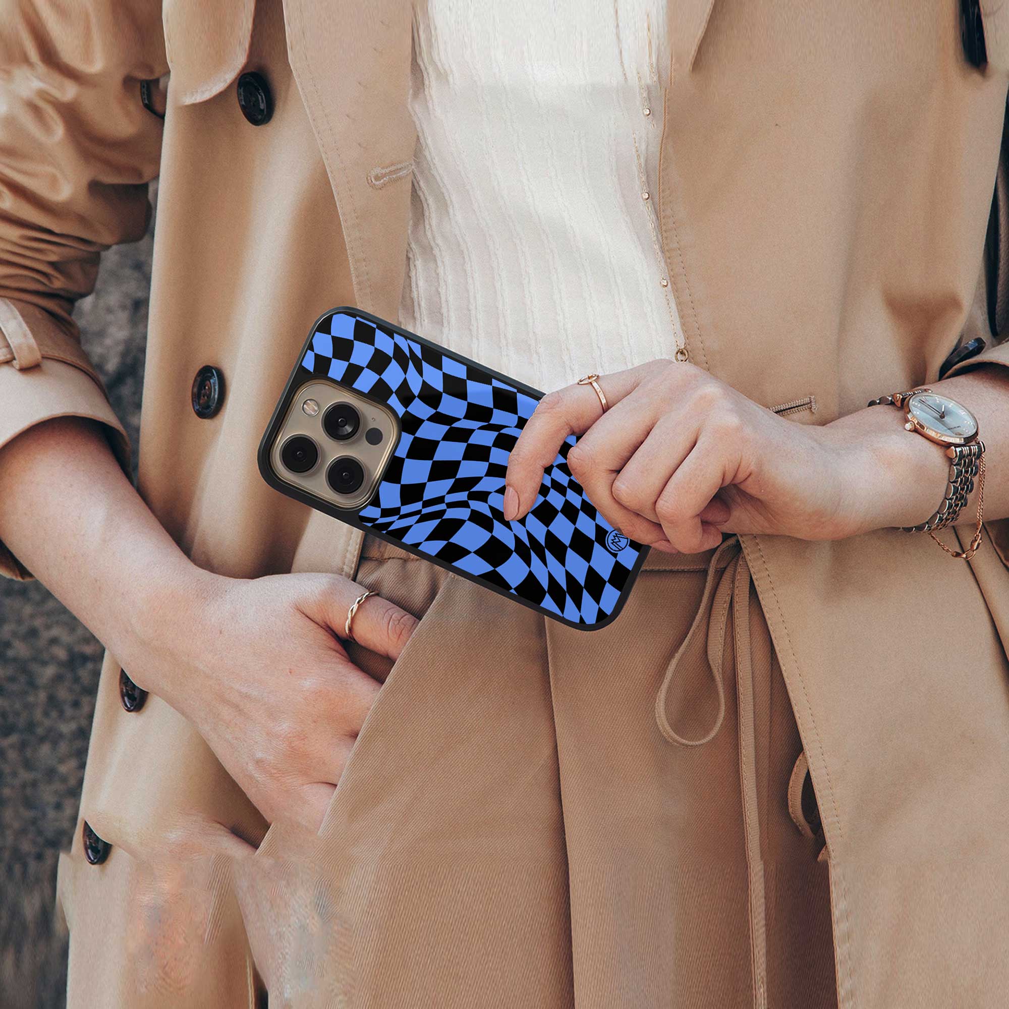 groovy blue black pattern back phone cover | glass case for iphone 14 pro max
