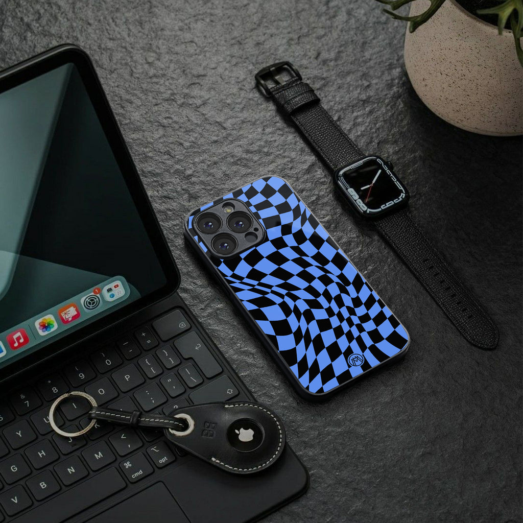 groovy blue black pattern back phone cover | glass case for iphone 16 plus