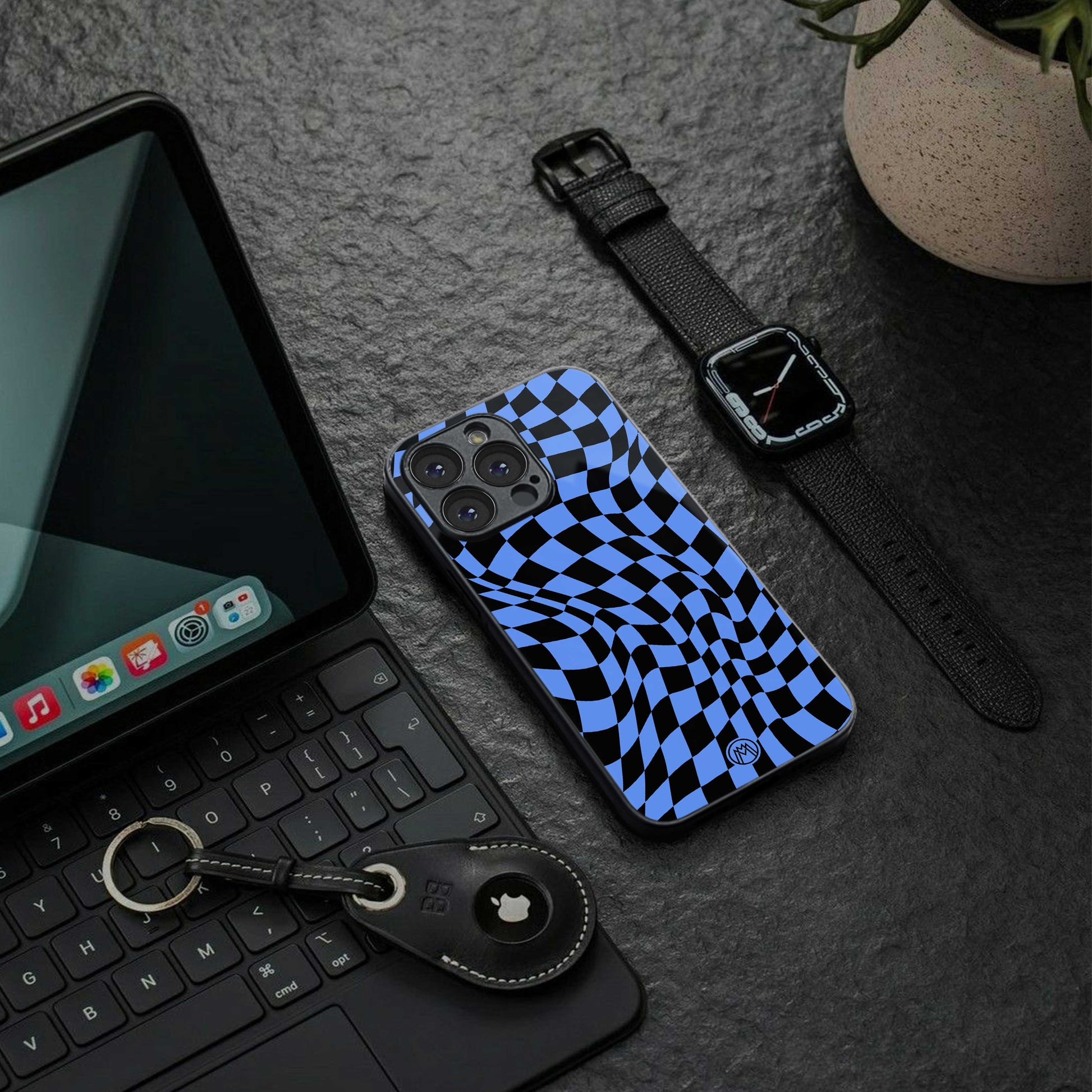 groovy blue black pattern back phone cover | glass case for iphone 13 pro max