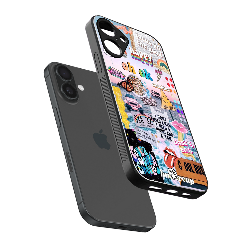 happy sunshine aesthetic collage back phone cover | glass case for iphone 16 plus