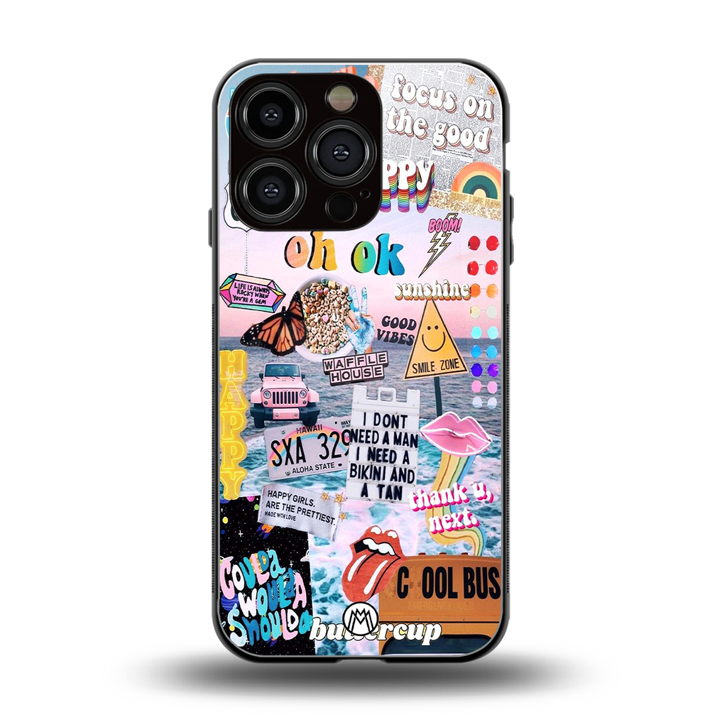 happy sunshine aesthetic collage back phone cover | glass case for iphone 16 pro