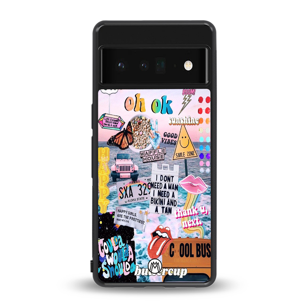 happy sunshine aesthetic collage back phone cover | glass case for google pixel 6 pro